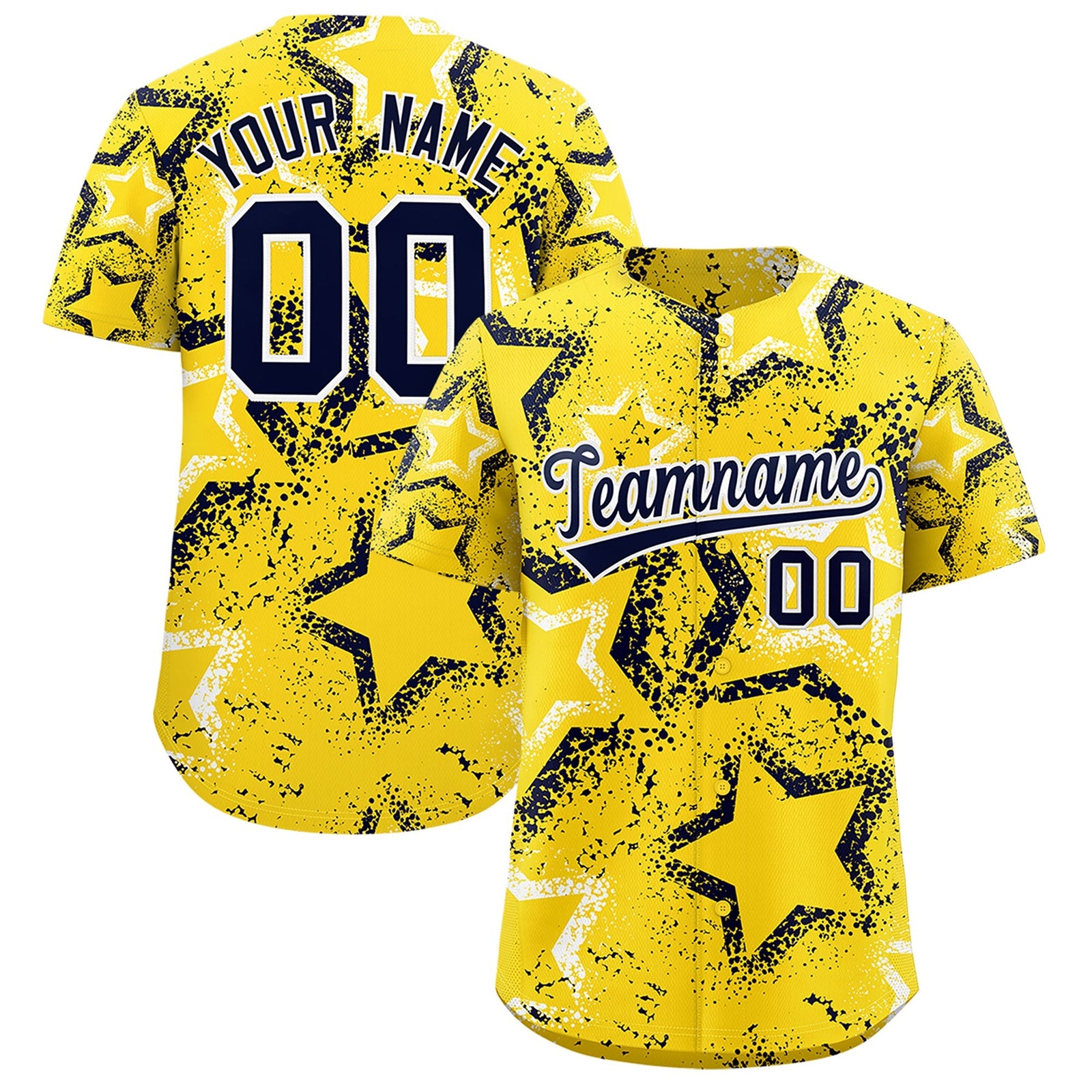 Custom Gold White Navy Star-Shaped Ink Texture Graffiti Pattern Baseball Jersey | Sublimation Printed & Stitched,Add Name and Numbern,Perfect for Parties,Perfect for Training | KXKSHOP
