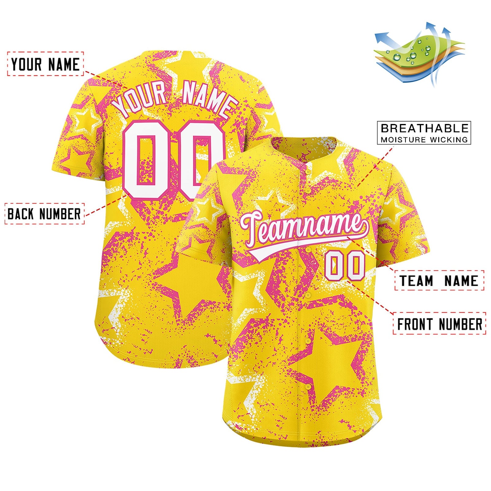 Custom Gold White Pink Star-Shaped Ink Texture Graffiti Pattern Baseball Jersey | Sublimation Printed & Stitched,Add Name and Numbern,Perfect for Parties,Perfect for Training | KXKSHOP
