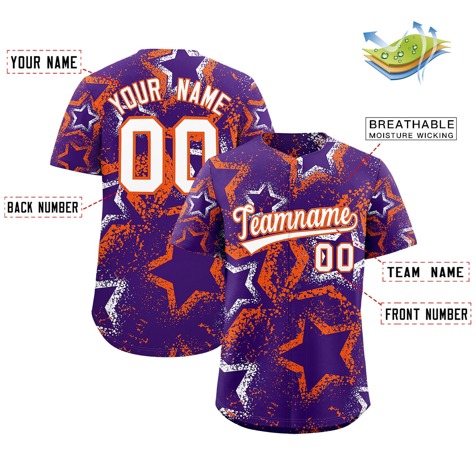 Custom Purple White Orange Star-Shaped Ink Texture Graffiti Pattern Baseball Jersey | Sublimation Printed & Stitched,Add Name and Numbern,Perfect for Parties,Perfect for Training | KXKSHOP