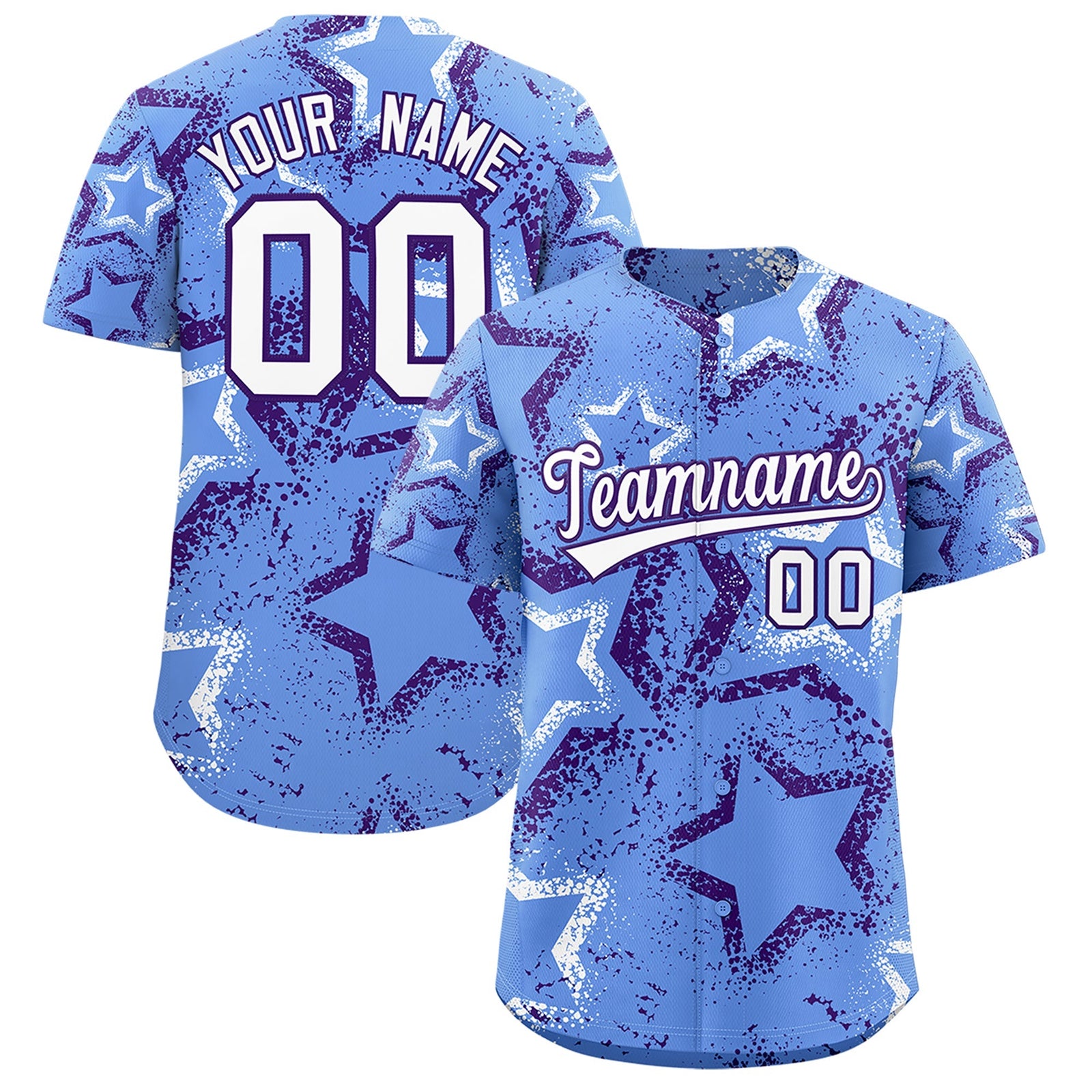 Custom Light Blue White Purple Star-Shaped Ink Texture Graffiti Pattern Baseball Jersey | Sublimation Printed & Stitched,Add Name and Numbern,Perfect for Parties,Perfect for Training | KXKSHOP