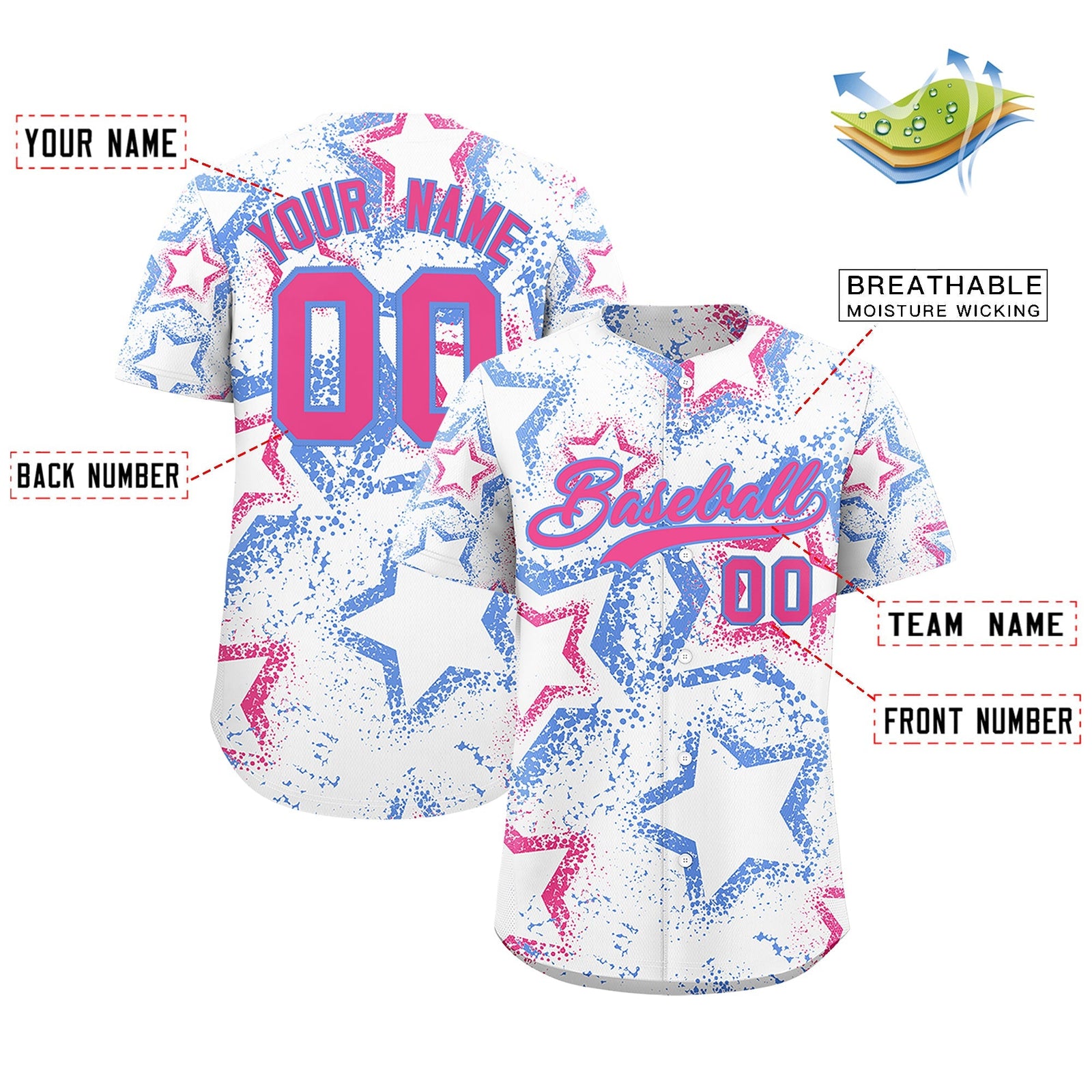 Custom White Light Blue Pink Star-Shaped Ink Texture Graffiti Pattern Baseball Jersey | Sublimation Printed & Stitched,Add Name and Numbern,Perfect for Parties,Perfect for Training | KXKSHOP