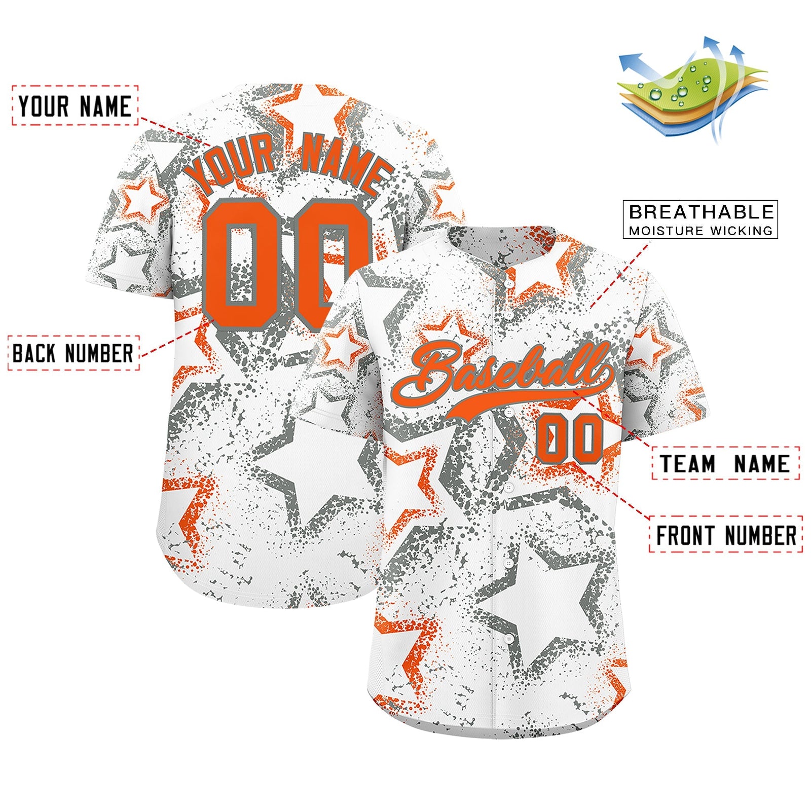Custom White Orange Star-Shaped Ink Texture Graffiti Pattern Baseball Jersey | Sublimation Printed & Stitched,Add Name and Numbern,Perfect for Parties,Perfect for Training | KXKSHOP
