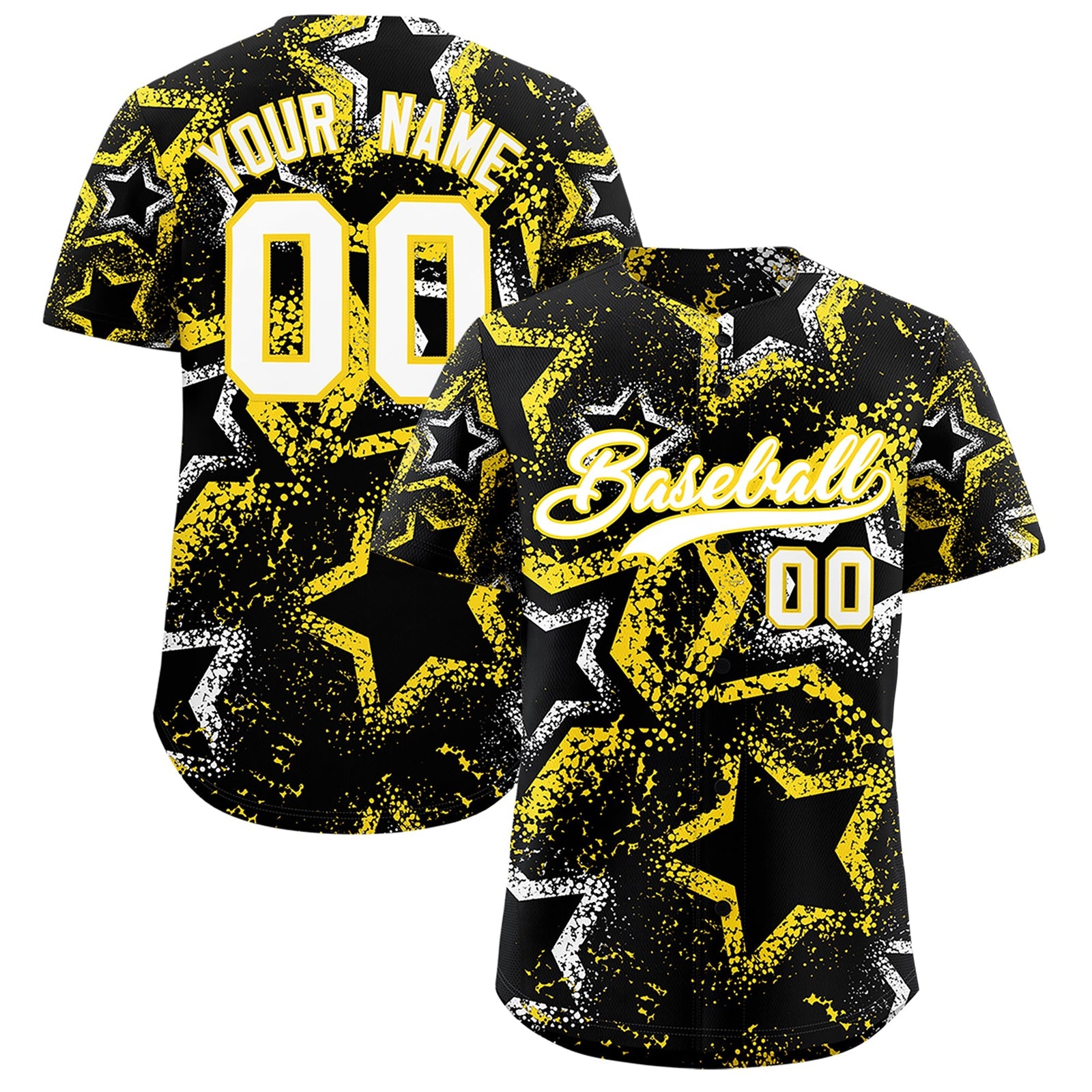 Custom Black White Gold Star-Shaped Ink Texture Graffiti Pattern Baseball Jersey | Sublimation Printed & Stitched,Add Name and Numbern,Perfect for Parties,Perfect for Training | KXKSHOP