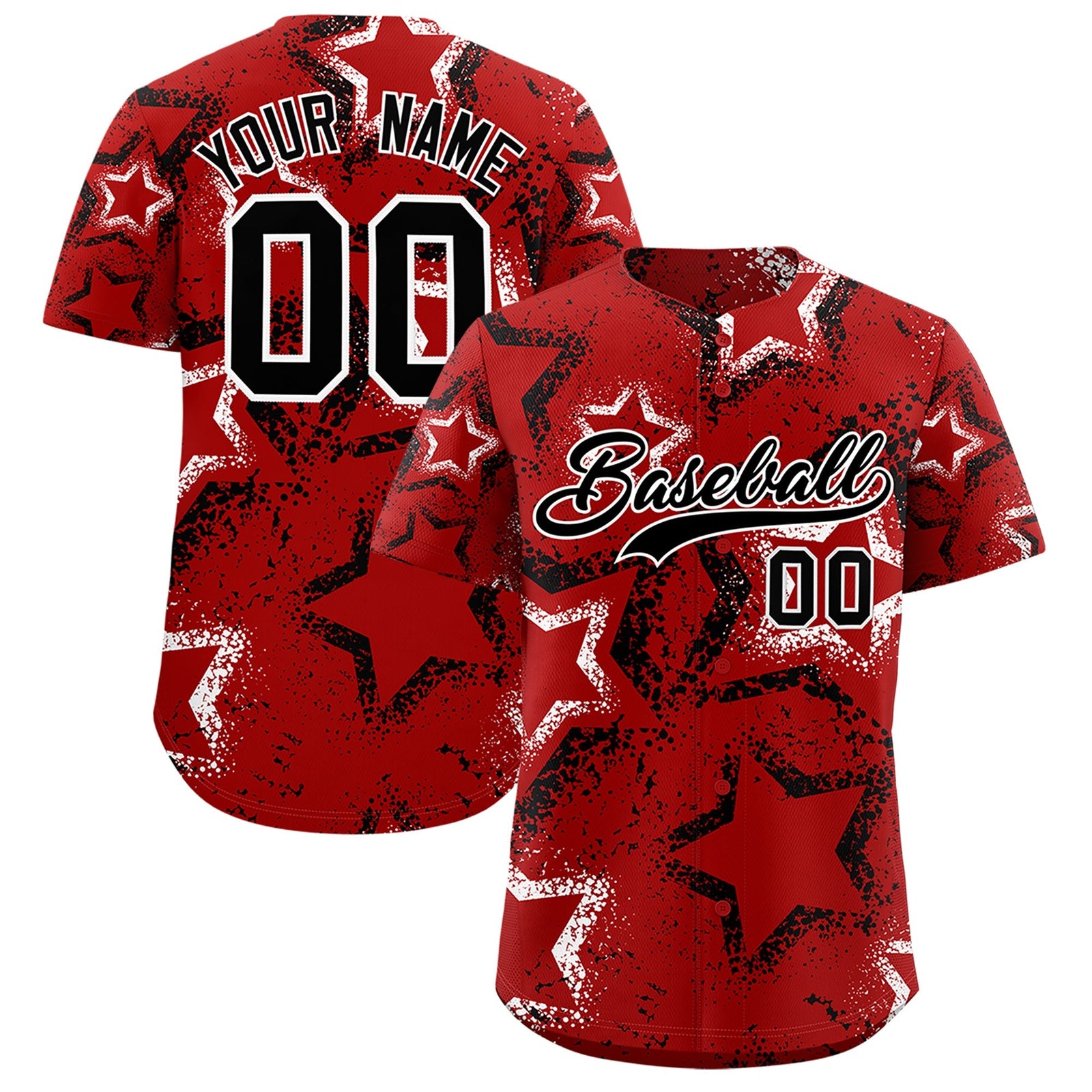 Custom Red White Black Star-Shaped Ink Texture Graffiti Pattern Baseball Jersey | Sublimation Printed & Stitched,Add Name and Numbern,Perfect for Parties,Perfect for Training | KXKSHOP