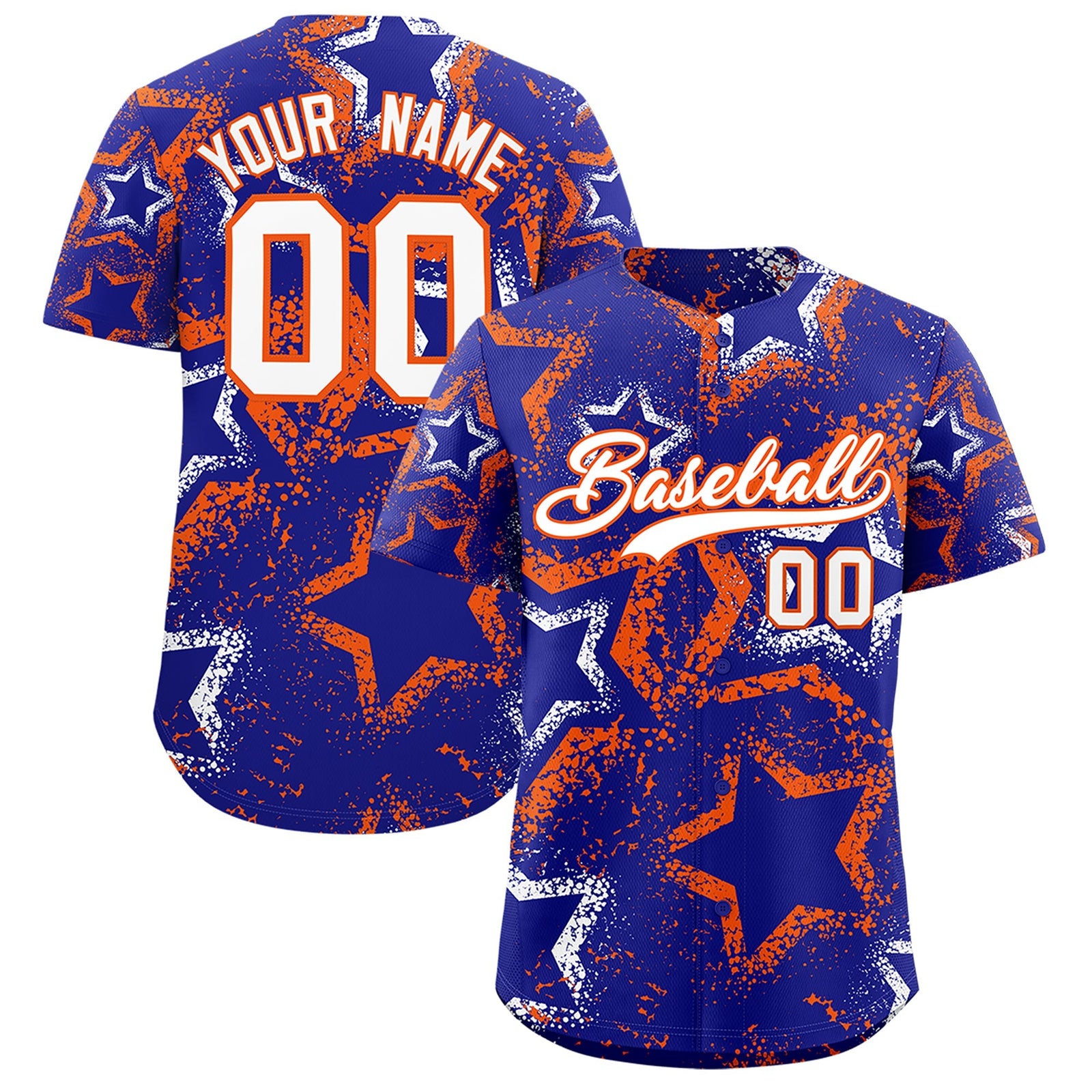 Custom Royal Blue White Orange Star-Shaped Ink Texture Graffiti Pattern Baseball Jersey | Sublimation Printed & Stitched,Add Name and Numbern,Perfect for Parties,Perfect for Training | KXKSHOP