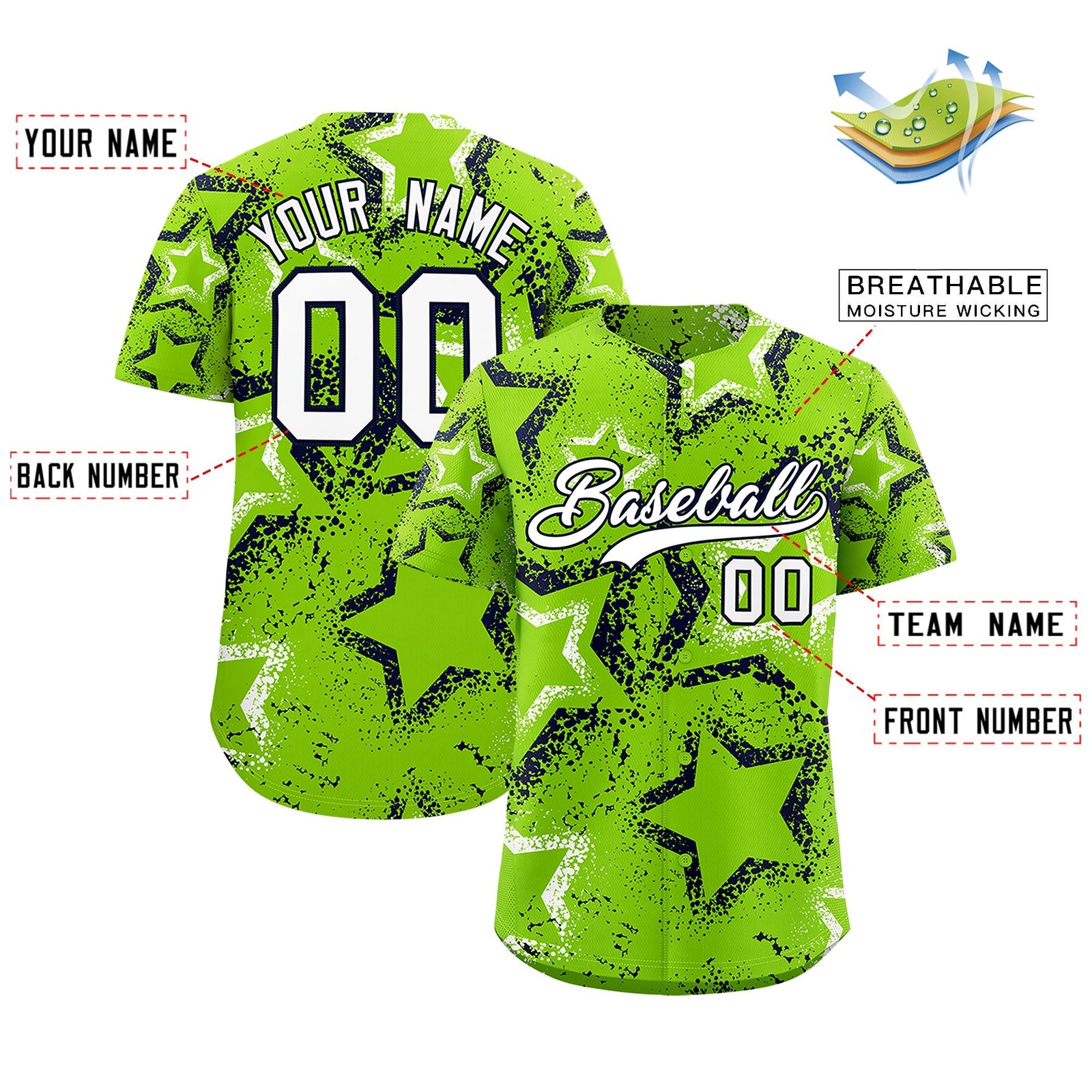 Custom Neon Green White Navy Star-Shaped Ink Texture Graffiti Pattern Baseball Jersey | Sublimation Printed & Stitched,Add Name and Numbern,Perfect for Parties,Perfect for Training | KXKSHOP