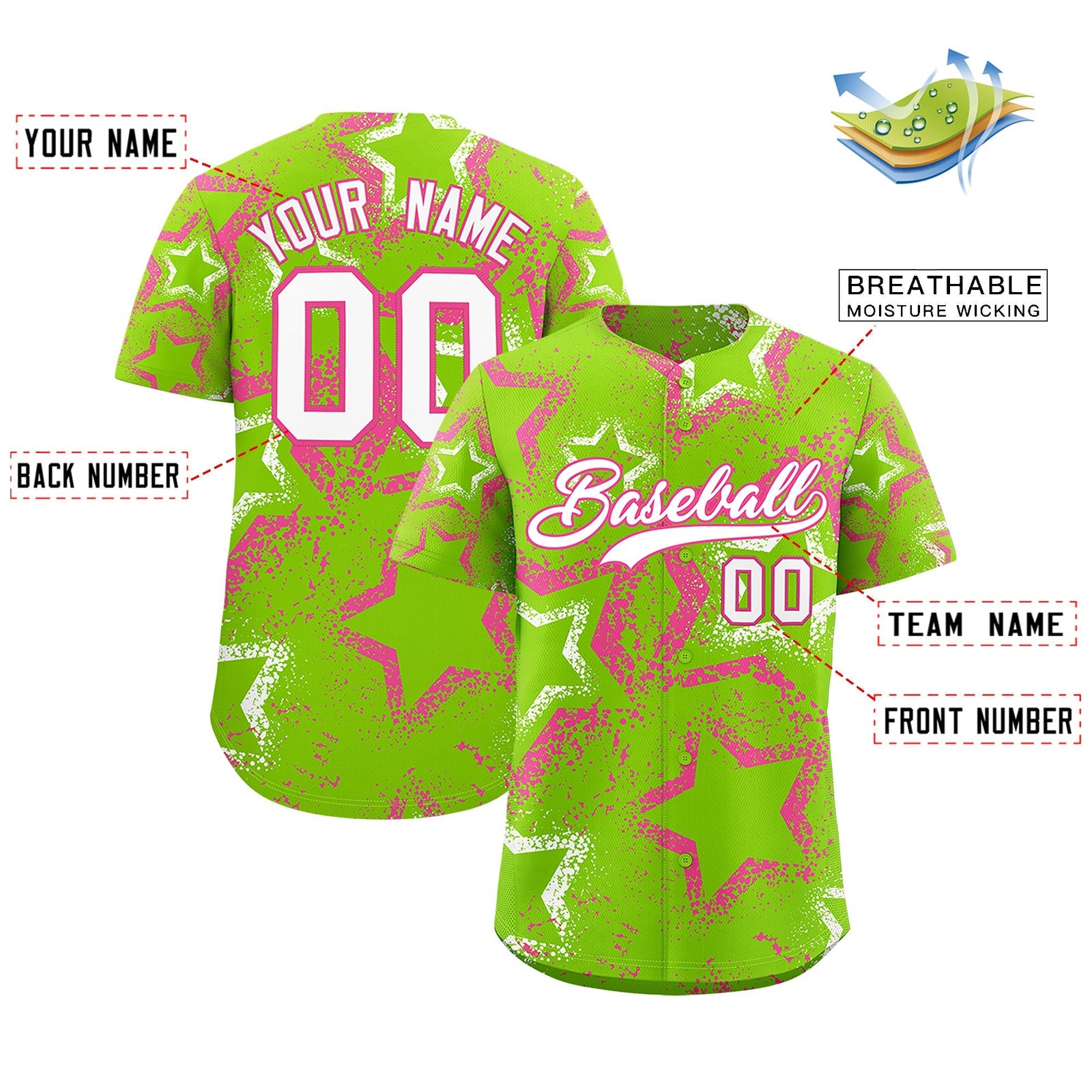 Custom Neon Green Pink White Star-Shaped Ink Texture Graffiti Pattern Baseball Jersey | Sublimation Printed & Stitched,Add Name and Numbern,Perfect for Parties,Perfect for Training | KXKSHOP