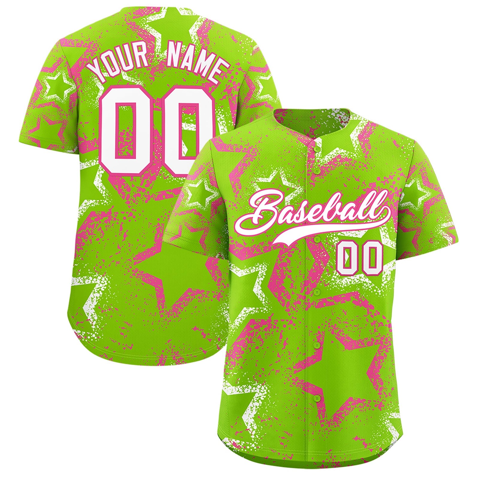 Custom Neon Green Pink White Star-Shaped Ink Texture Graffiti Pattern Baseball Jersey | Sublimation Printed & Stitched,Add Name and Numbern,Perfect for Parties,Perfect for Training | KXKSHOP