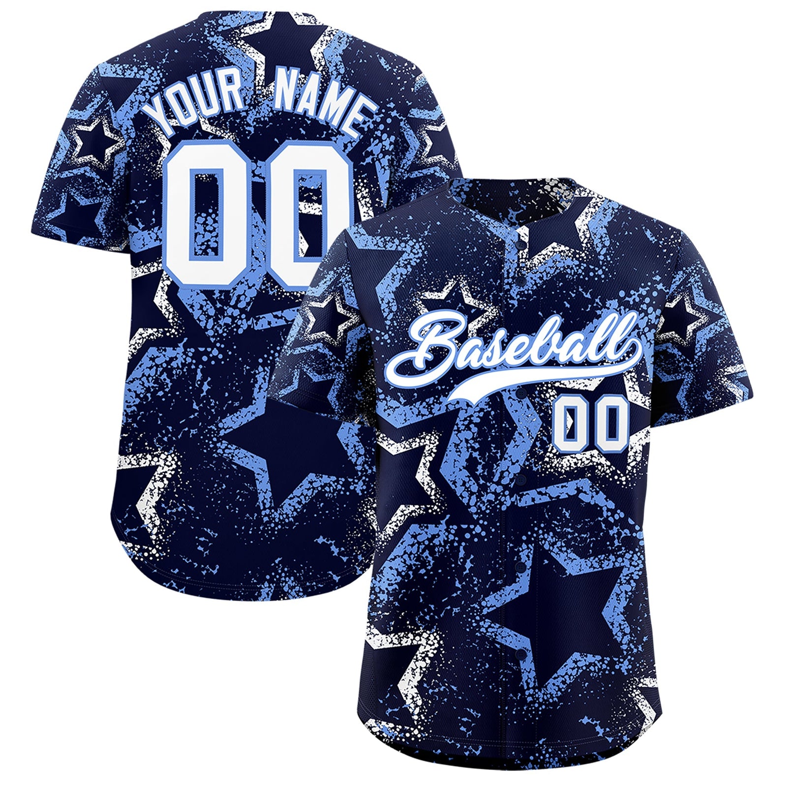 Custom Navy White Light Blue Star-Shaped Ink Texture Graffiti Pattern Baseball Jersey | Sublimation Printed & Stitched,Add Name and Numbern,Perfect for Parties,Perfect for Training | KXKSHOP