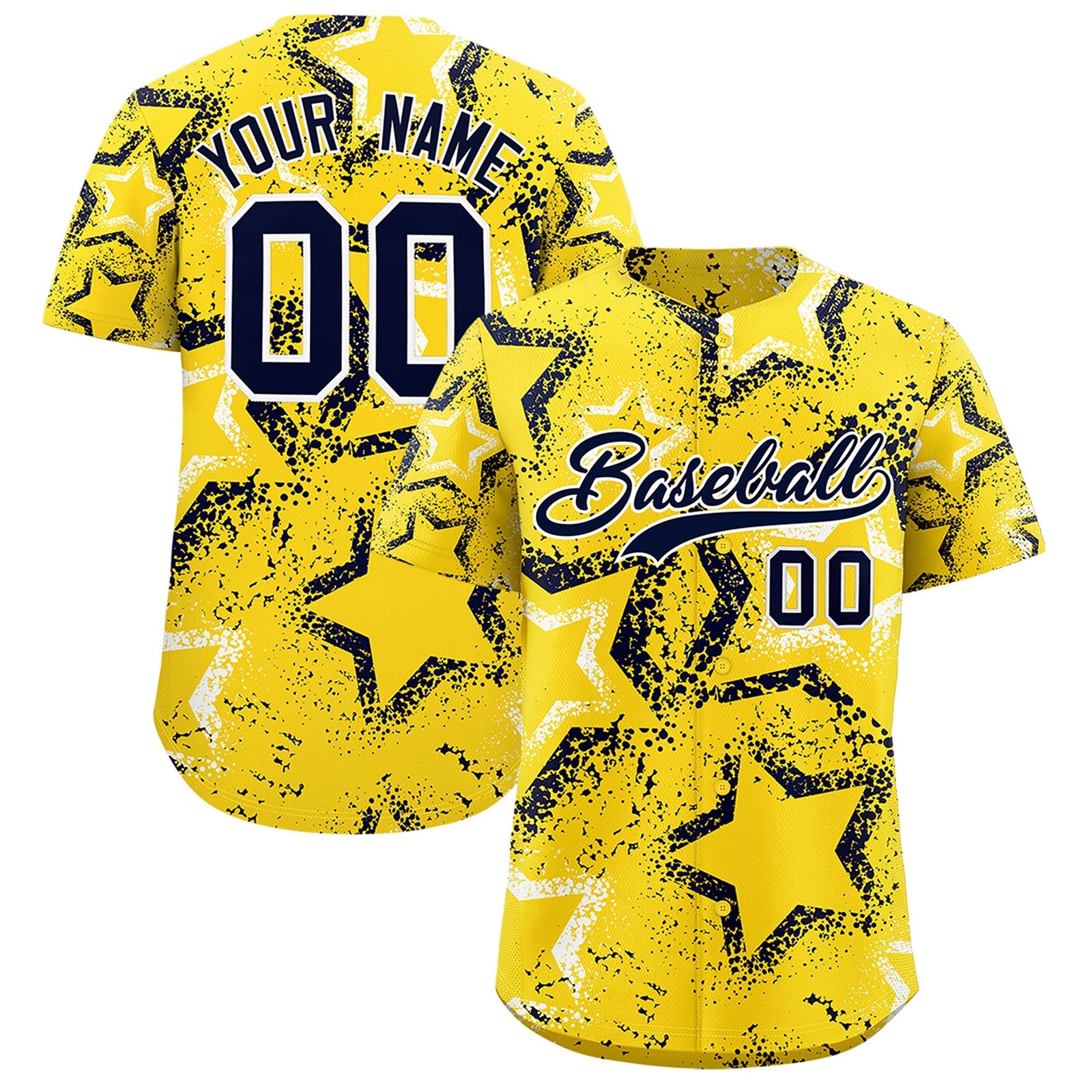Custom Gold White Navy Star-Shaped Ink Texture Graffiti Pattern Baseball Jersey | Sublimation Printed & Stitched,Add Name and Numbern,Perfect for Parties,Perfect for Training | KXKSHOP