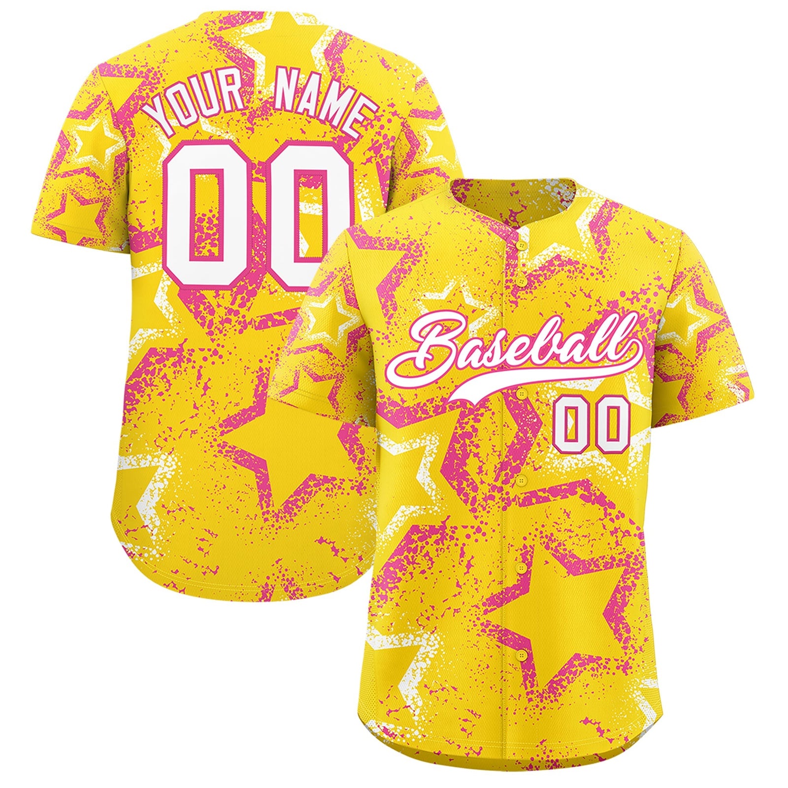Custom Gold White Pink Star-Shaped Ink Texture Graffiti Pattern Baseball Jersey | Sublimation Printed & Stitched,Add Name and Numbern,Perfect for Parties,Perfect for Training | KXKSHOP