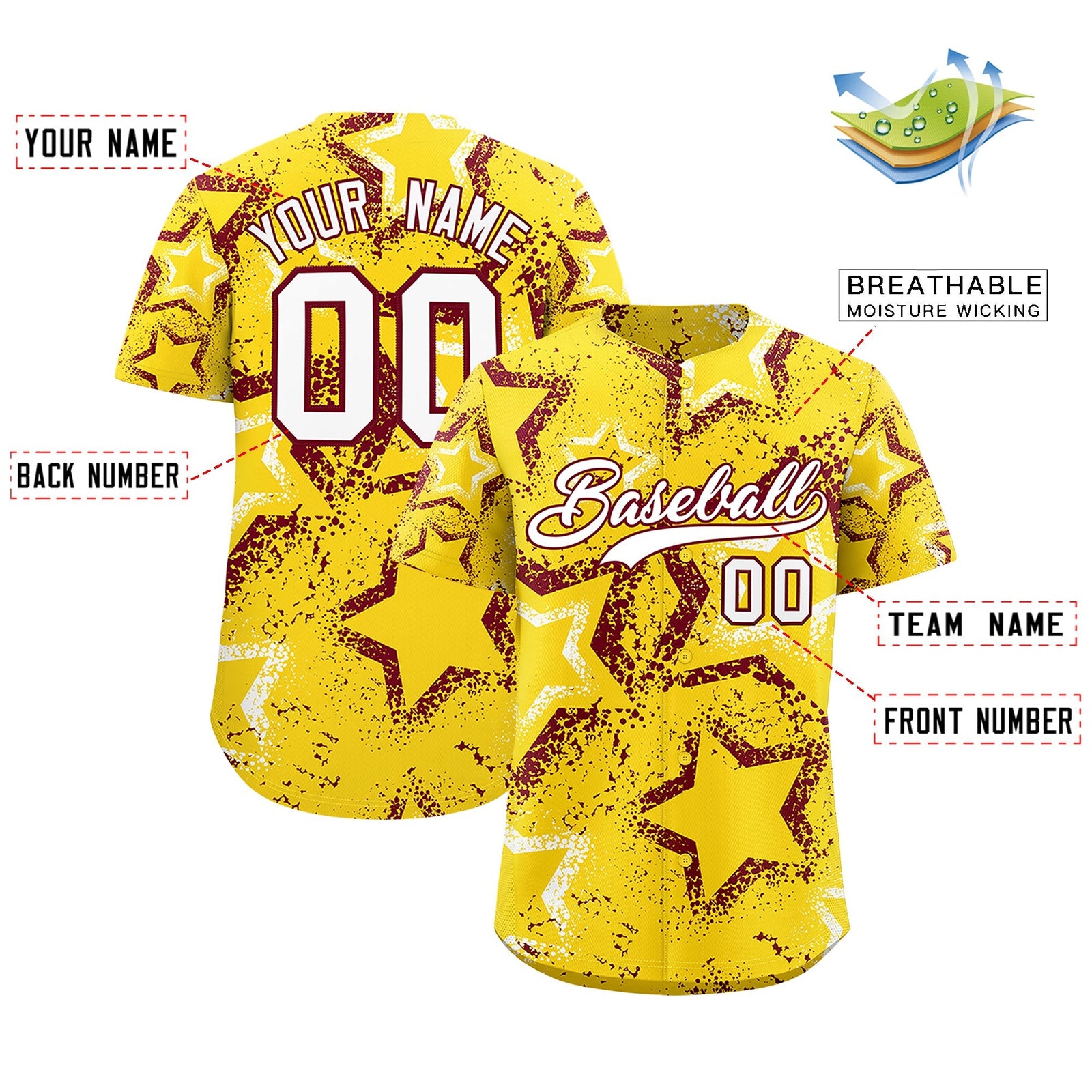 Custom Gold White Crimson Star-Shaped Ink Texture Graffiti Pattern Baseball Jersey | Sublimation Printed & Stitched,Add Name and Numbern,Perfect for Parties,Perfect for Training | KXKSHOP
