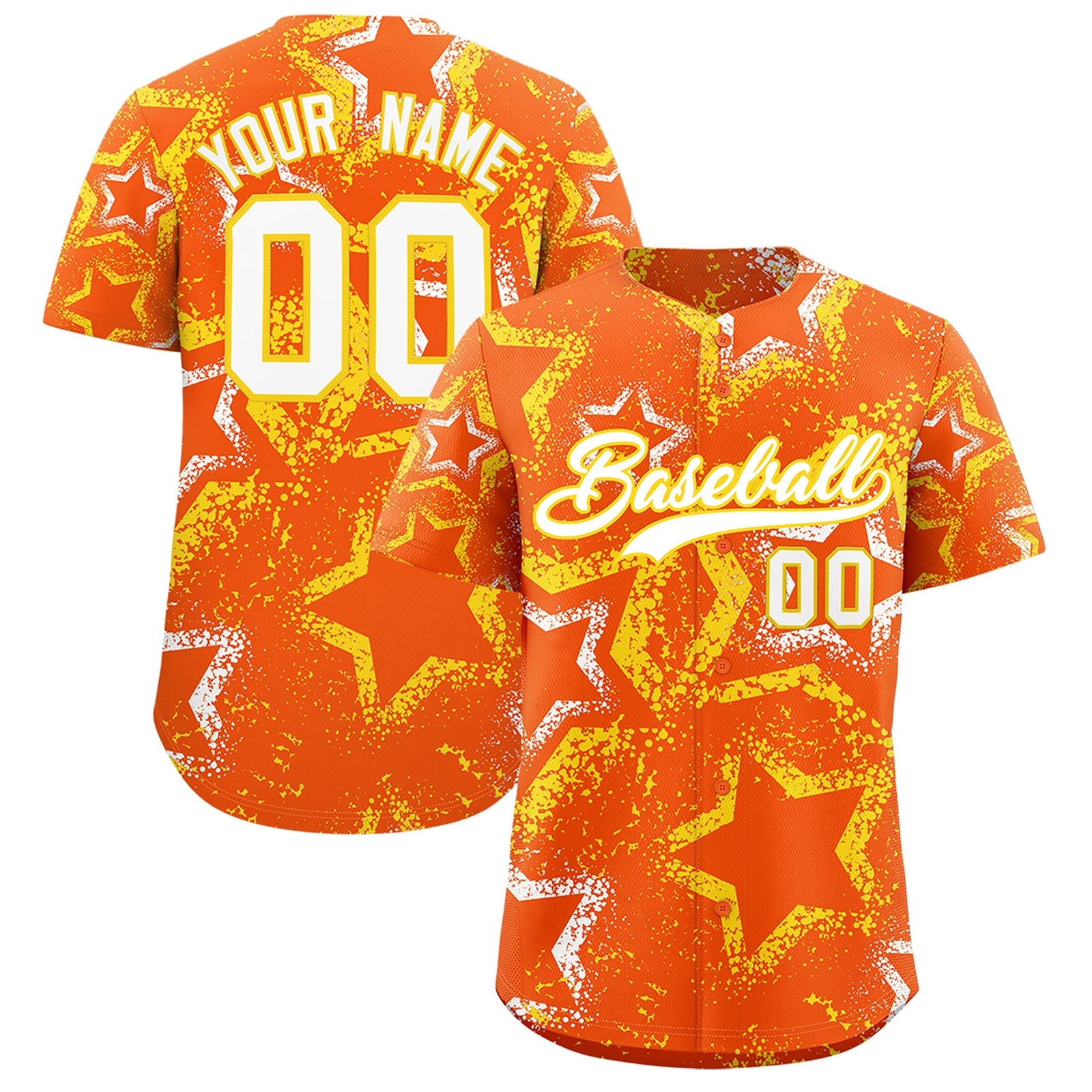 Custom Orange White Gold Star-Shaped Ink Texture Graffiti Pattern Baseball Jersey | Sublimation Printed & Stitched,Add Name and Numbern,Perfect for Parties,Perfect for Training | KXKSHOP