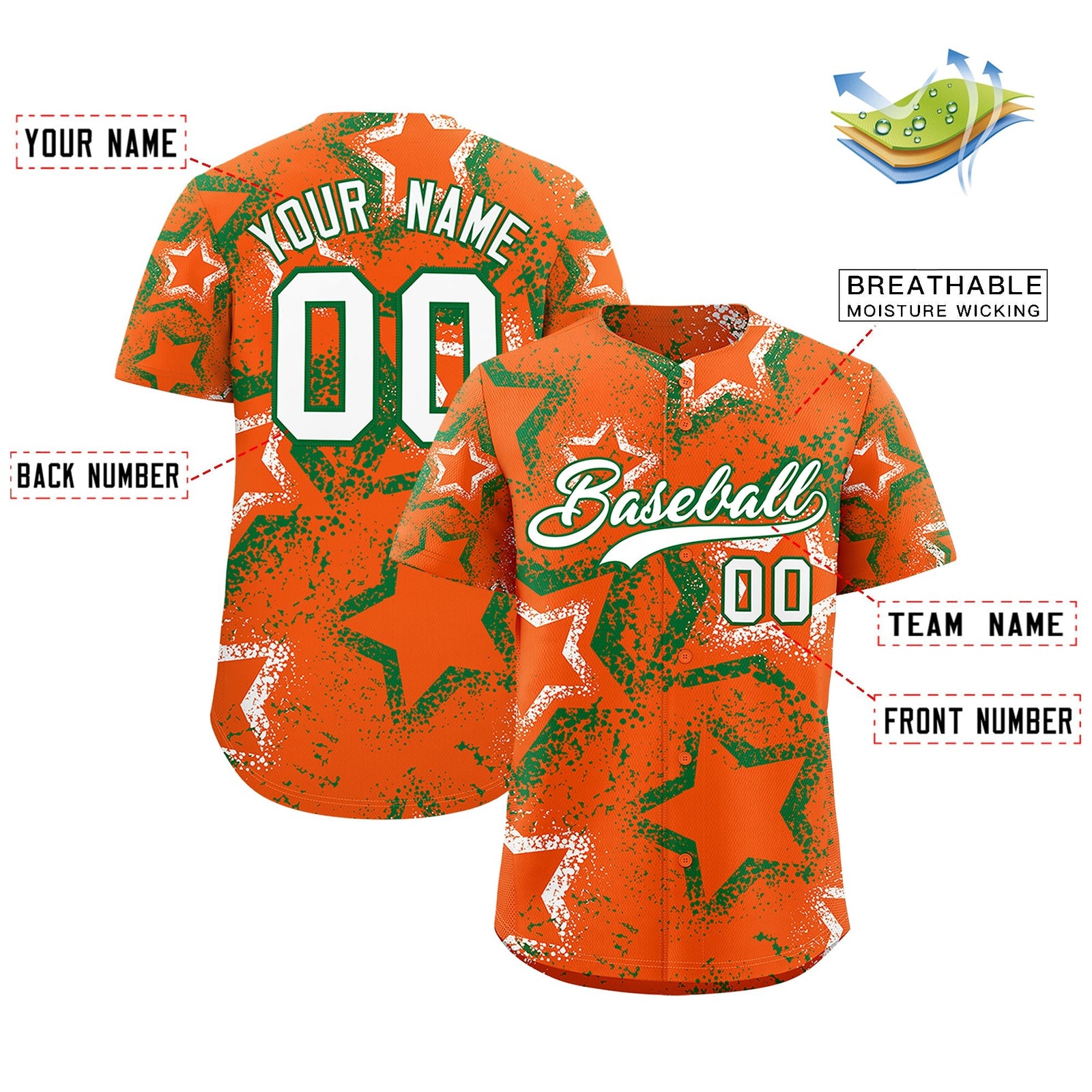 Custom Orange Kelly Green White Star-Shaped Ink Texture Graffiti Pattern Baseball Jersey | Sublimation Printed & Stitched,Add Name and Numbern,Perfect for Parties,Perfect for Training | KXKSHOP