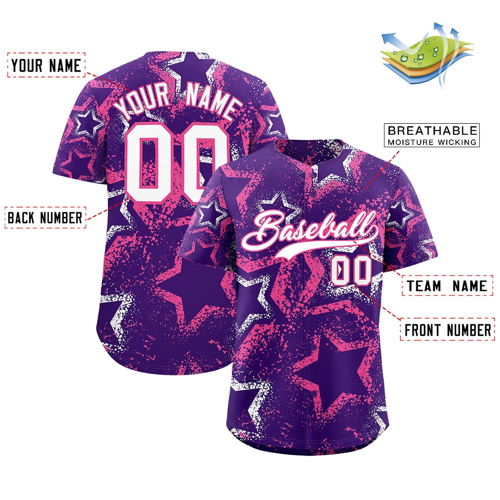 Custom Purple White Pink Star-Shaped Ink Texture Graffiti Pattern Baseball Jersey | Sublimation Printed & Stitched,Add Name and Numbern,Perfect for Parties,Perfect for Training | KXKSHOP