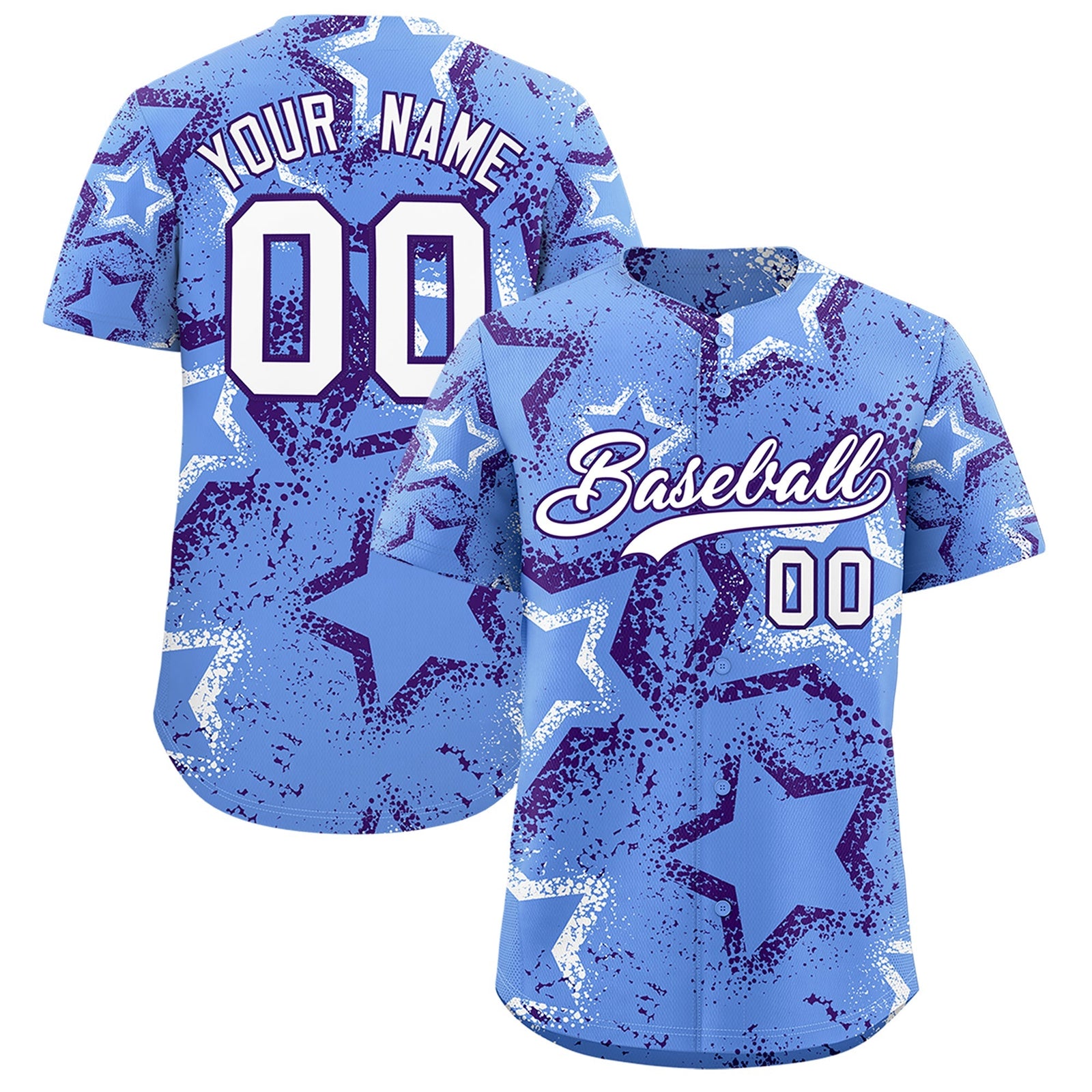 Custom Light Blue White Purple Star-Shaped Ink Texture Graffiti Pattern Baseball Jersey | Sublimation Printed & Stitched,Add Name and Numbern,Perfect for Parties,Perfect for Training | KXKSHOP