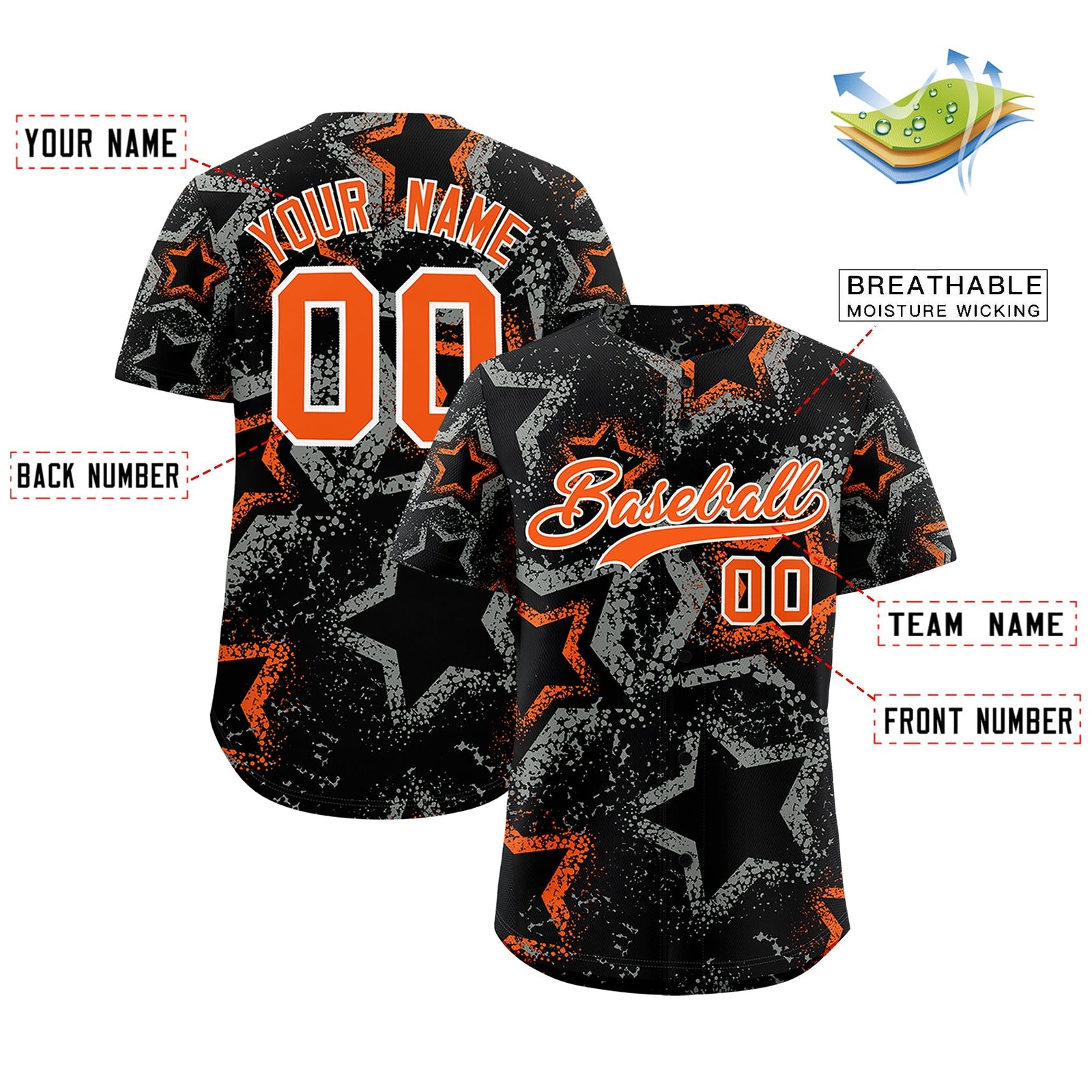 Custom Black Orange White Star-Shaped Ink Texture Graffiti Pattern Baseball Jersey | Sublimation Printed & Stitched,Add Name and Numbern,Perfect for Parties,Perfect for Training | KXKSHOP