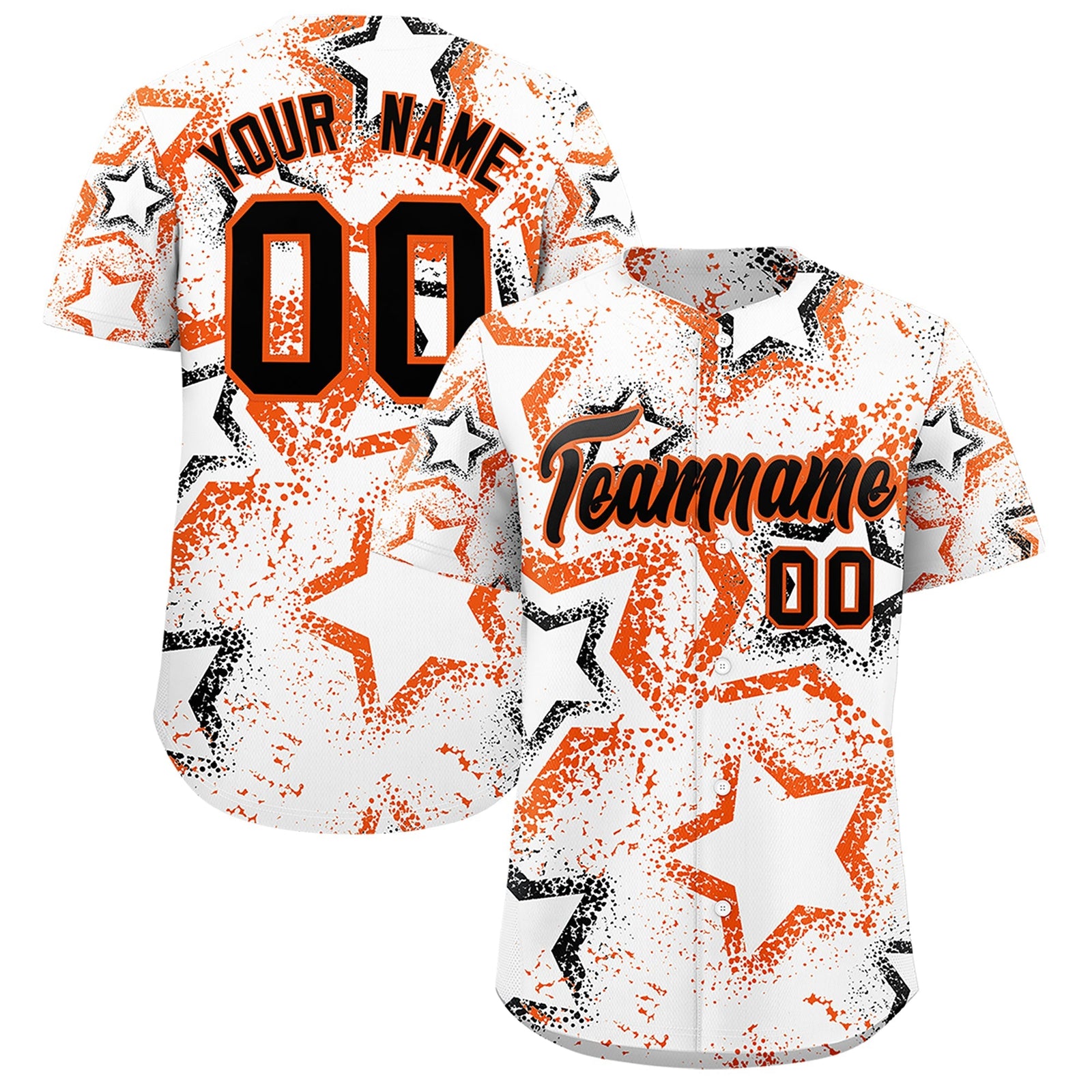 Custom White Orange Black Star-Shaped Ink Texture Graffiti Pattern Baseball Jersey | Sublimation Printed & Stitched,Add Name and Numbern,Perfect for Parties,Perfect for Training | KXKSHOP