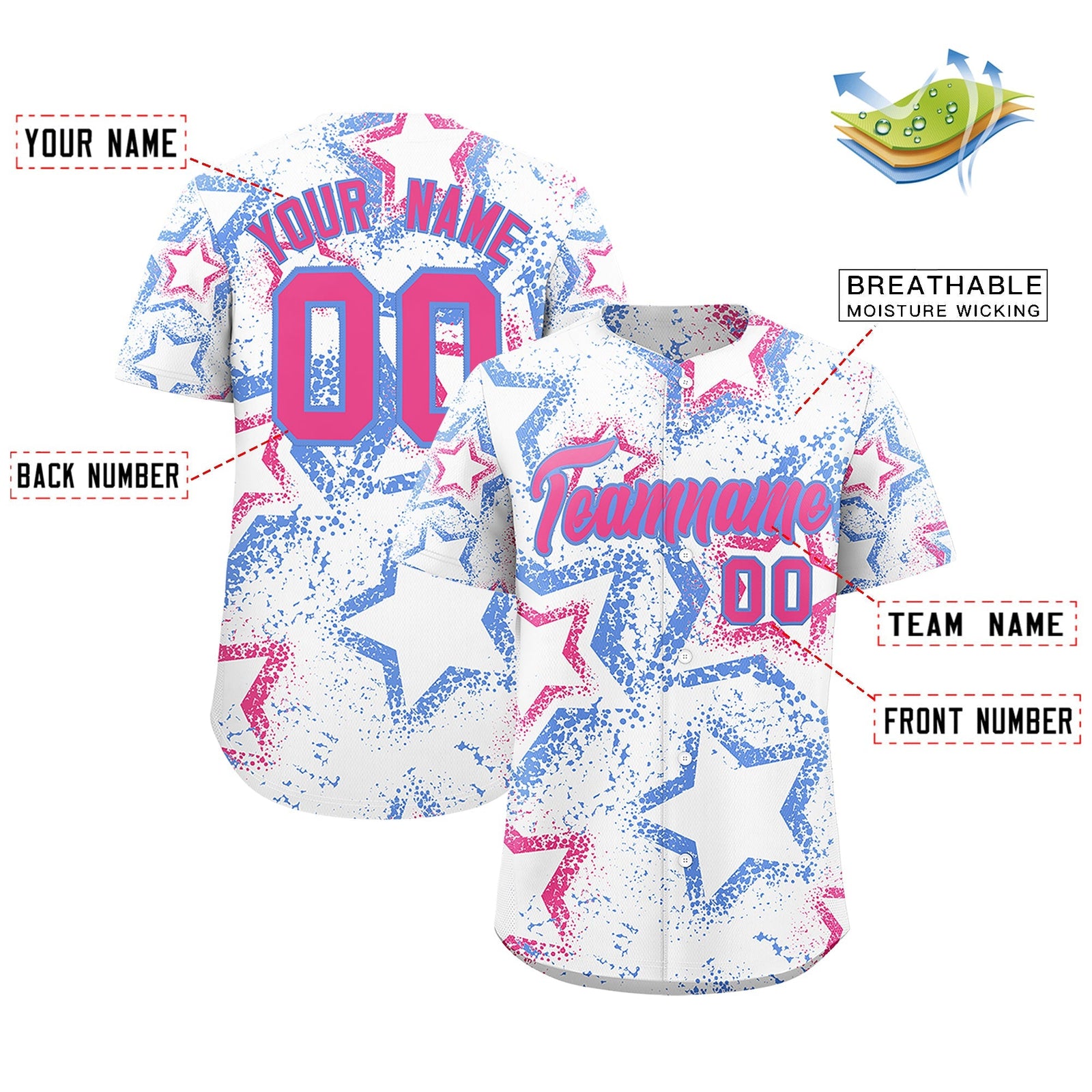 Custom White Light Blue Pink Star-Shaped Ink Texture Graffiti Pattern Baseball Jersey | Sublimation Printed & Stitched,Add Name and Numbern,Perfect for Parties,Perfect for Training | KXKSHOP