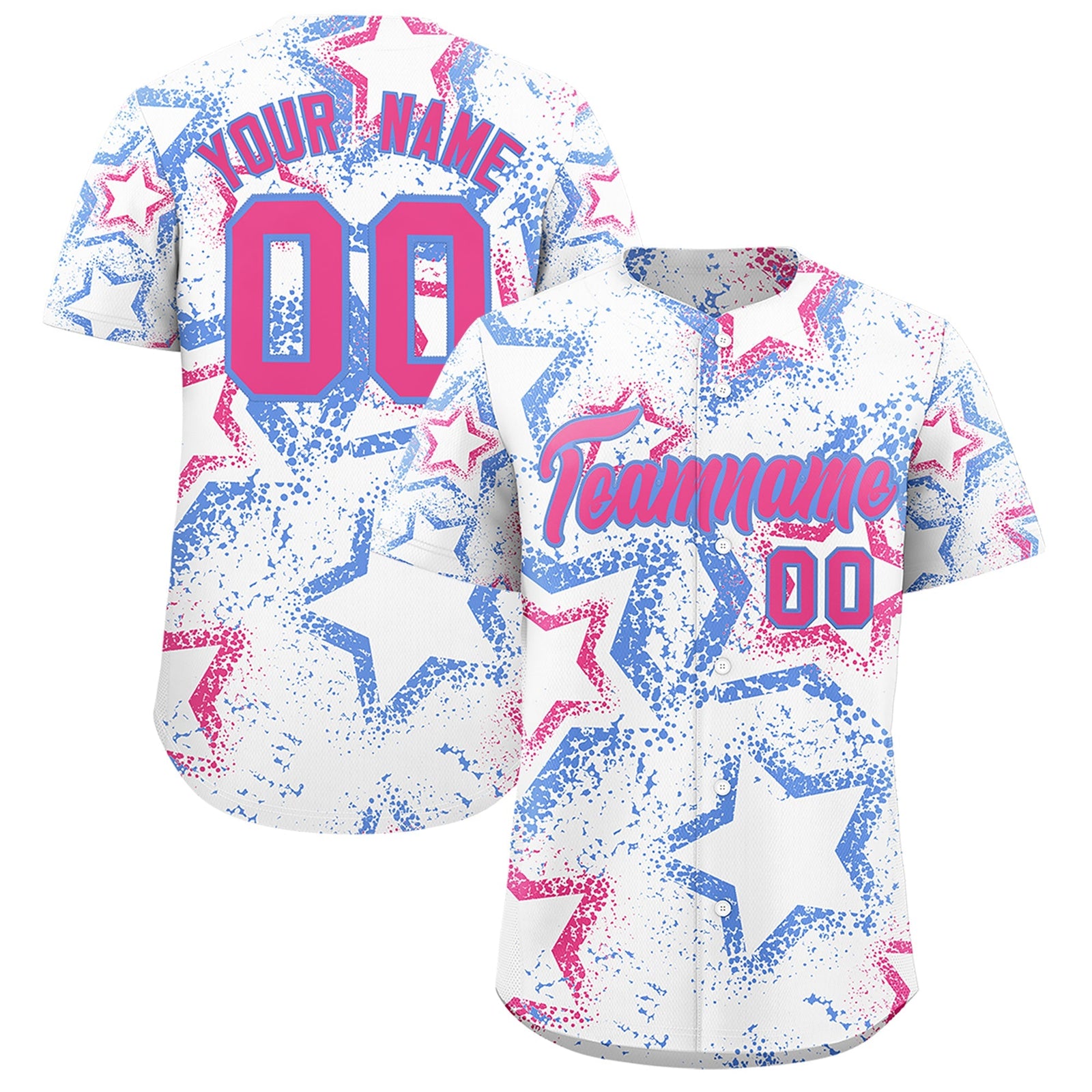 Custom White Light Blue Pink Star-Shaped Ink Texture Graffiti Pattern Baseball Jersey | Sublimation Printed & Stitched,Add Name and Numbern,Perfect for Parties,Perfect for Training | KXKSHOP