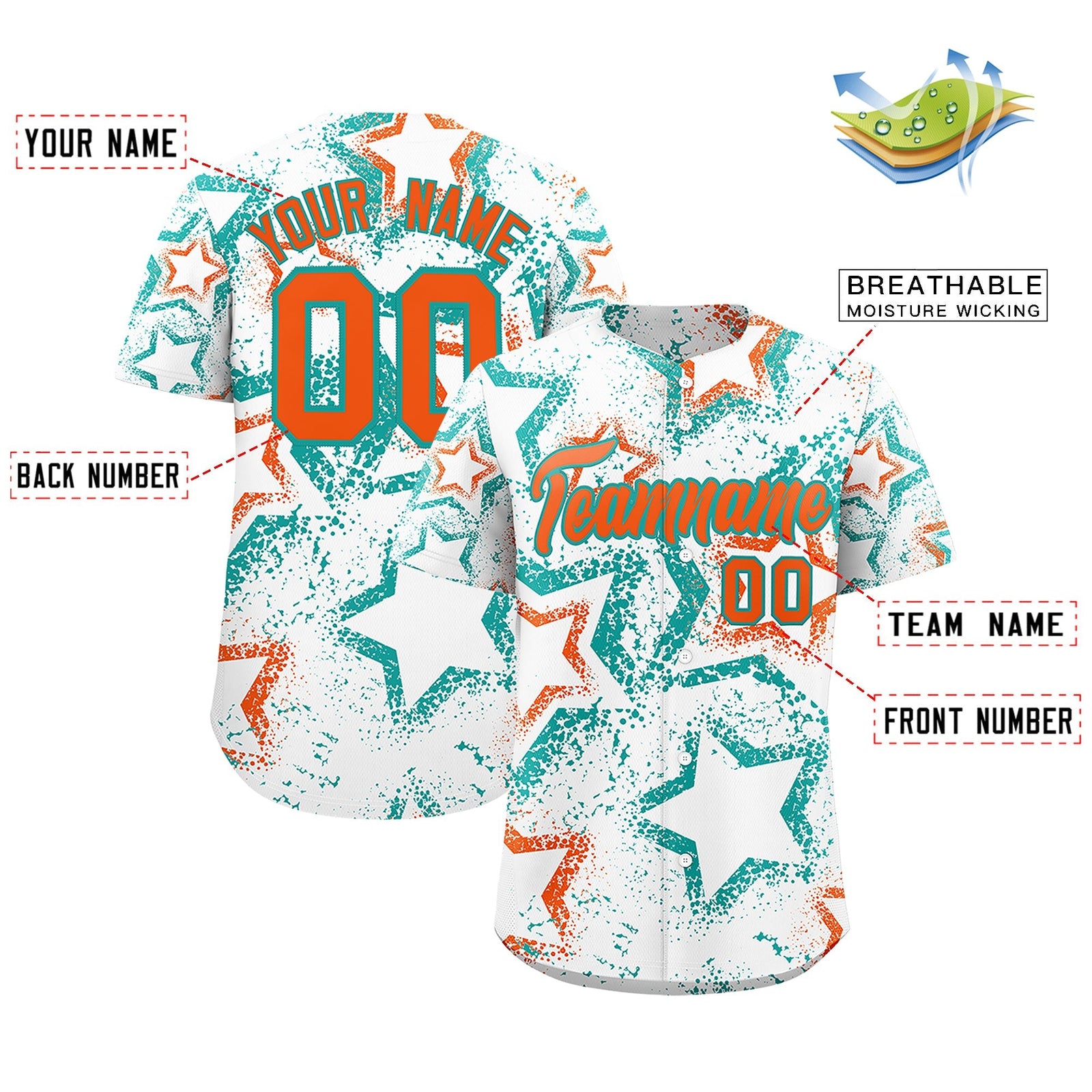 Custom White Aqua Orange Star-Shaped Ink Texture Graffiti Pattern Baseball Jersey | Sublimation Printed & Stitched,Add Name and Numbern,Perfect for Parties,Perfect for Training | KXKSHOP