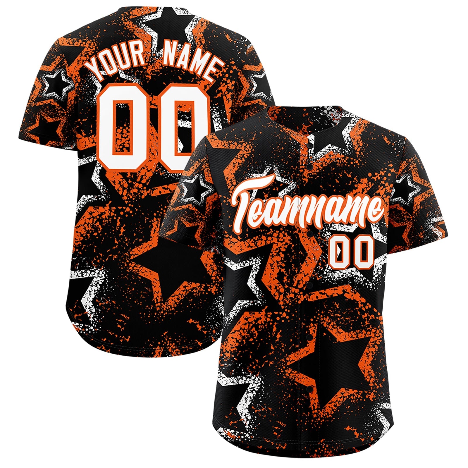 Custom Black White Orange Star-Shaped Ink Texture Graffiti Pattern Baseball Jersey | Sublimation Printed & Stitched,Add Name and Numbern,Perfect for Parties,Perfect for Training | KXKSHOP