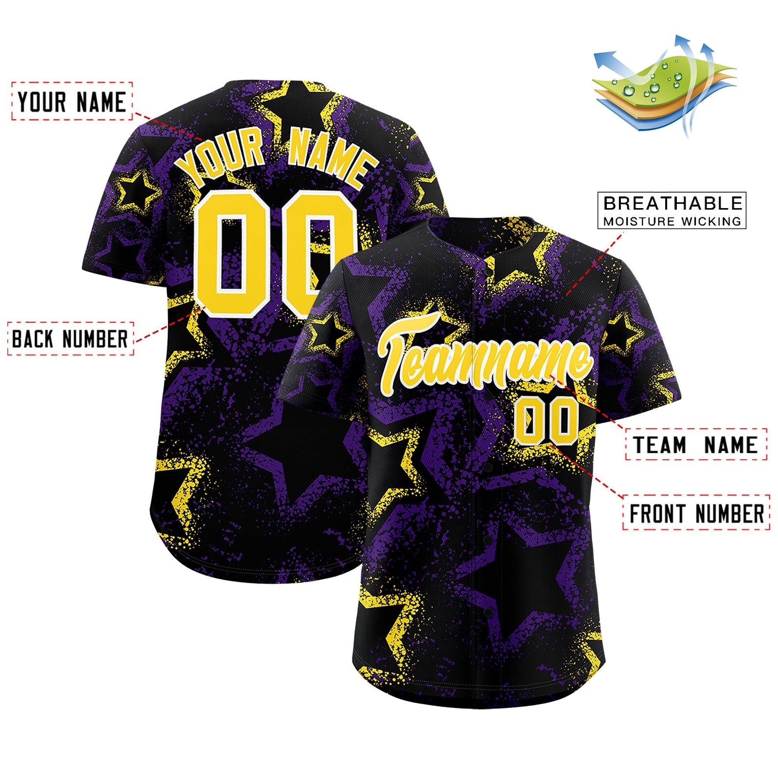 Custom Black Gold White Star-Shaped Ink Texture Graffiti Pattern Baseball Jersey | Sublimation Printed & Stitched,Add Name and Numbern,Perfect for Parties,Perfect for Training | KXKSHOP