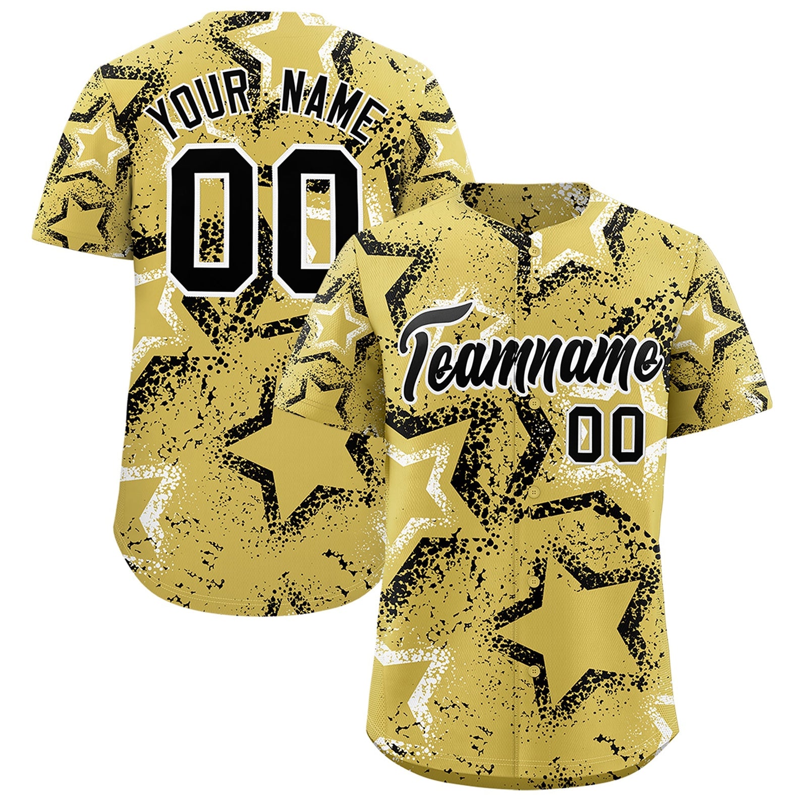 Custom Old Gold White Black Star-Shaped Ink Texture Graffiti Pattern Baseball Jersey | Sublimation Printed & Stitched,Add Name and Numbern,Perfect for Parties,Perfect for Training | KXKSHOP