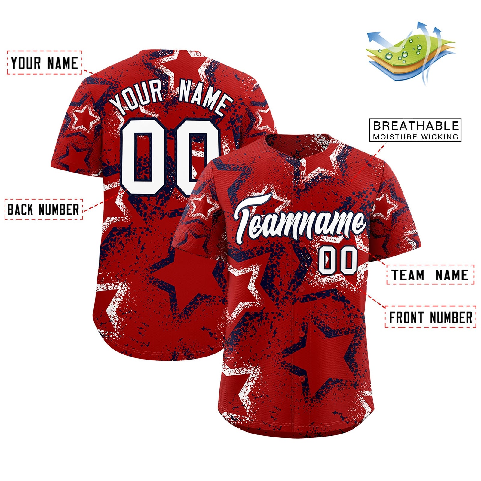 Custom Red White Navy Star-Shaped Ink Texture Graffiti Pattern Baseball Jersey | Sublimation Printed & Stitched,Add Name and Numbern,Perfect for Parties,Perfect for Training | KXKSHOP