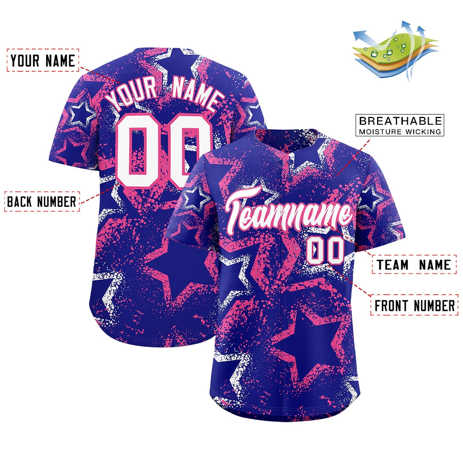 Custom Royal Blue White Pink Star-Shaped Ink Texture Graffiti Pattern Baseball Jersey | Sublimation Printed & Stitched,Add Name and Numbern,Perfect for Parties,Perfect for Training | KXKSHOP