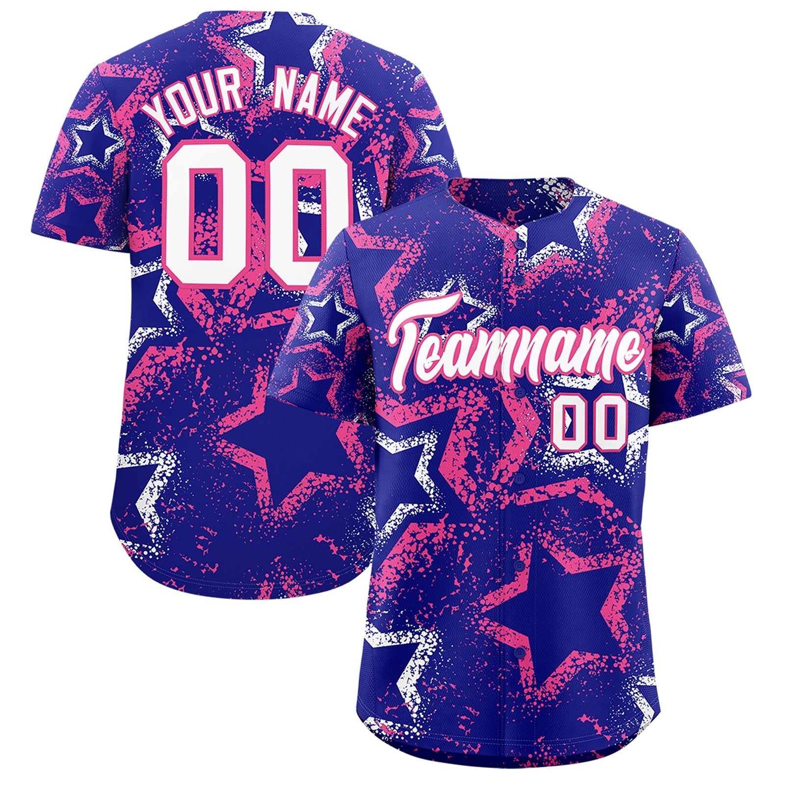 Custom Royal Blue White Pink Star-Shaped Ink Texture Graffiti Pattern Baseball Jersey | Sublimation Printed & Stitched,Add Name and Numbern,Perfect for Parties,Perfect for Training | KXKSHOP