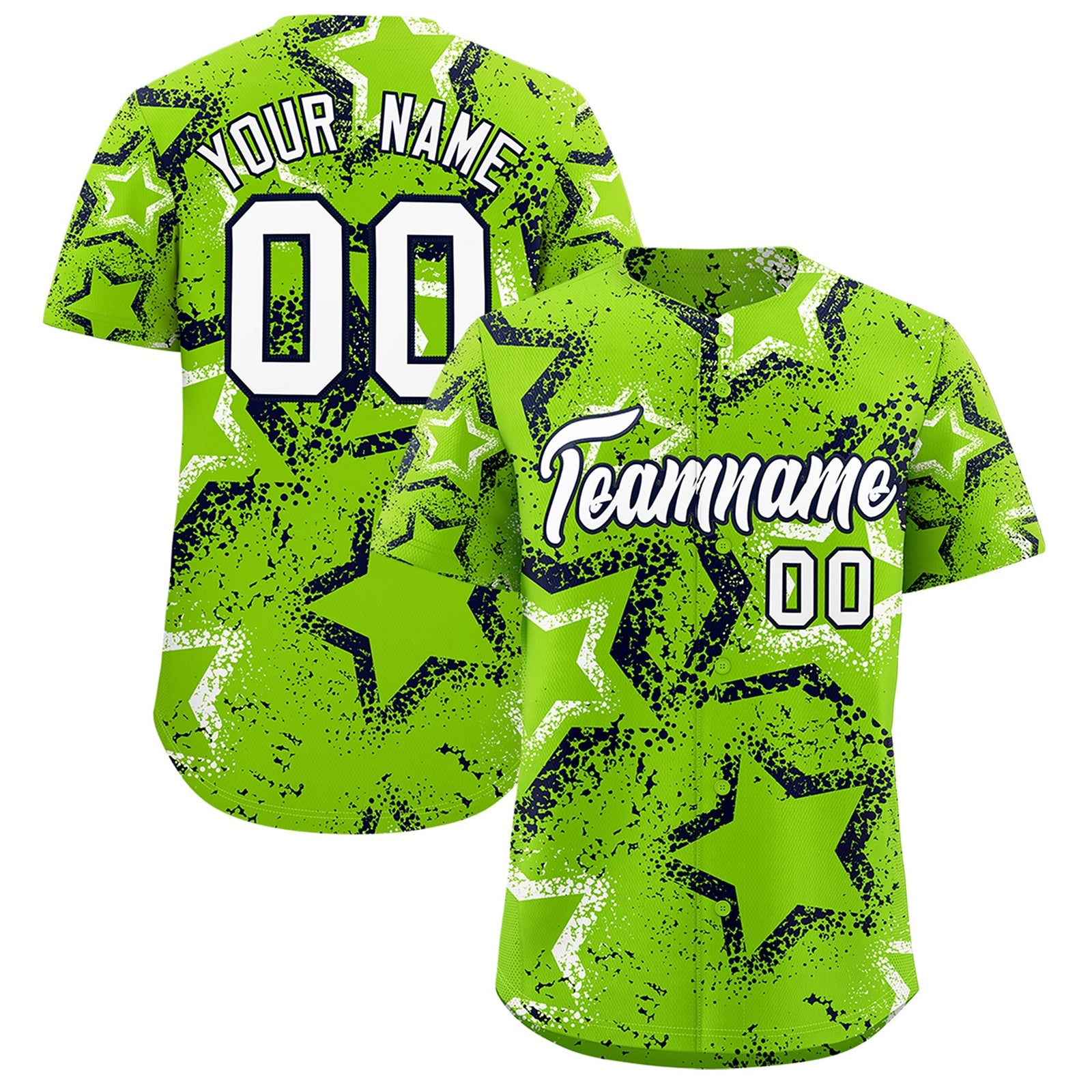 Custom Neon Green White Navy Star-Shaped Ink Texture Graffiti Pattern Baseball Jersey | Sublimation Printed & Stitched,Add Name and Numbern,Perfect for Parties,Perfect for Training | KXKSHOP