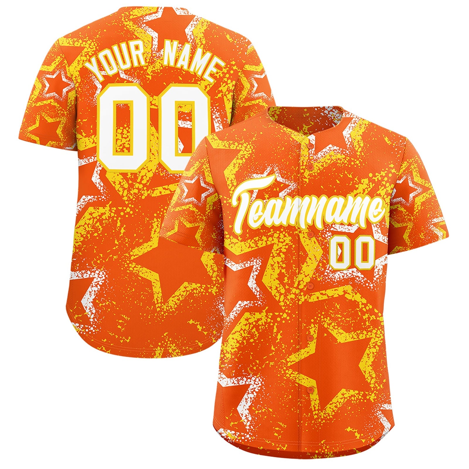 Custom Orange White Gold Star-Shaped Ink Texture Graffiti Pattern Baseball Jersey | Sublimation Printed & Stitched,Add Name and Numbern,Perfect for Parties,Perfect for Training | KXKSHOP