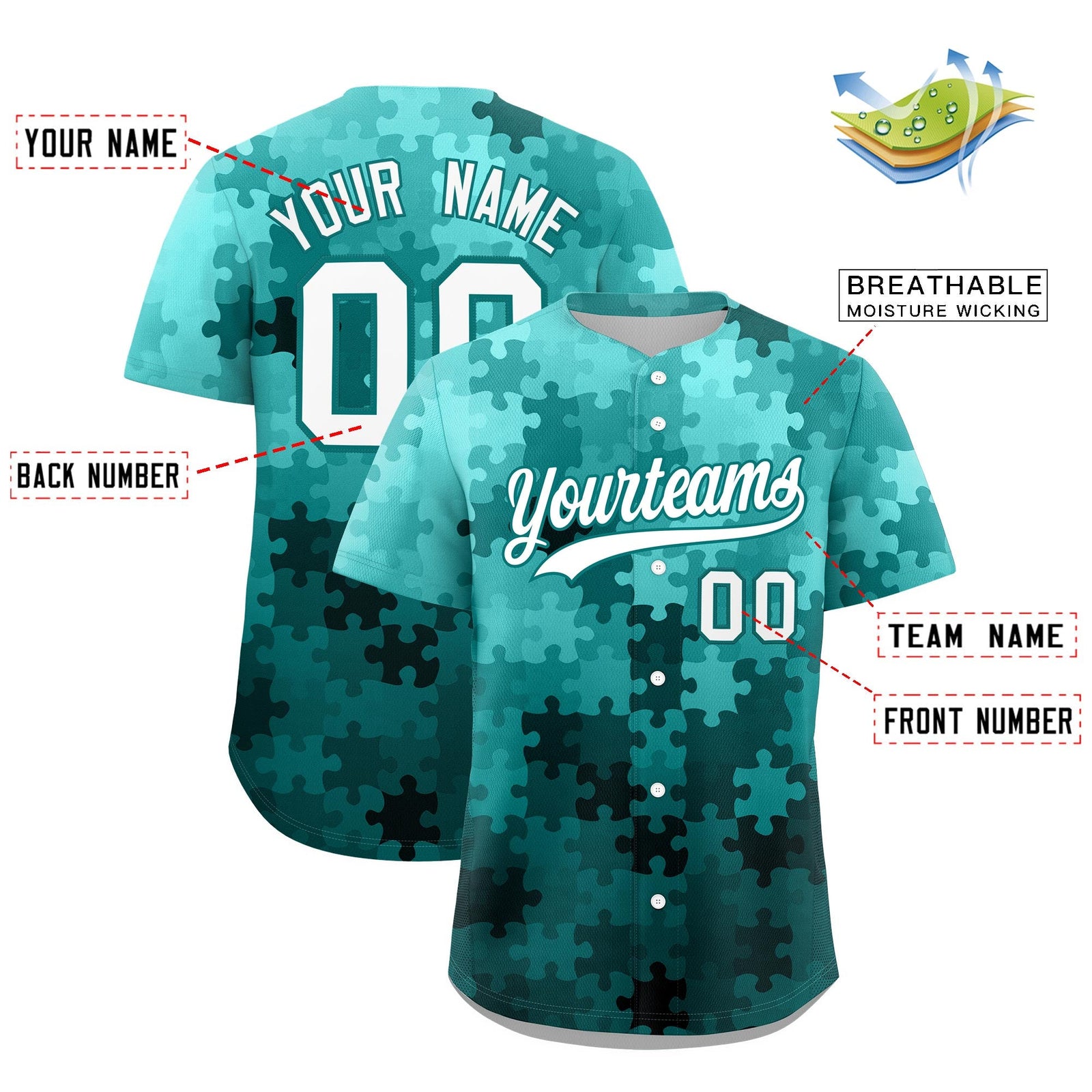 Custom White Aqua Puzzle Elements Baseball Jersey | Sublimation Printed & Stitched,Add Name and Numbern,Perfect for Teams | KXKSHOP