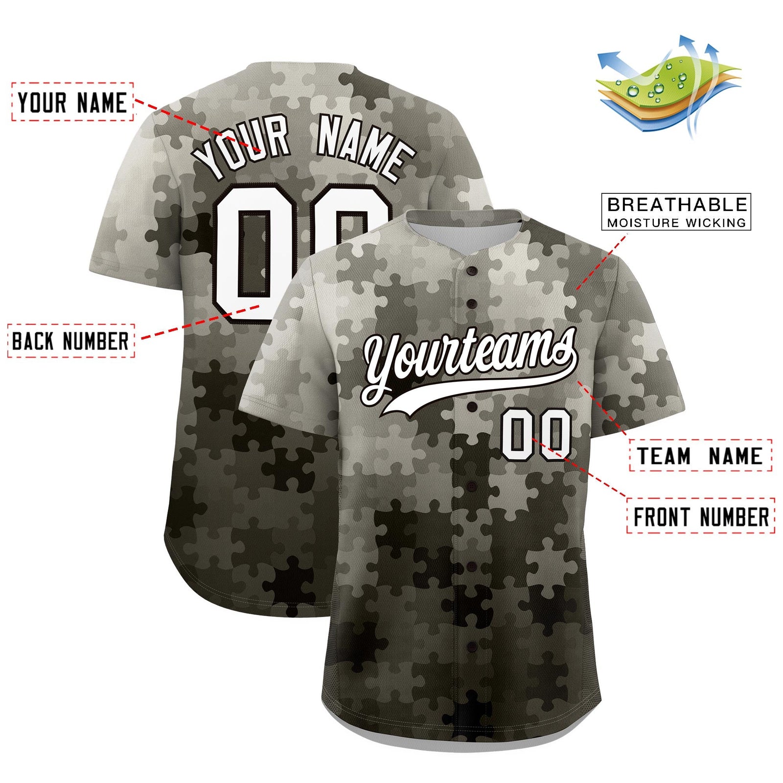 Custom Gray White Black Puzzle Elements Baseball Jersey | Sublimation Printed & Stitched,Add Name and Numbern,Perfect for Teams | KXKSHOP