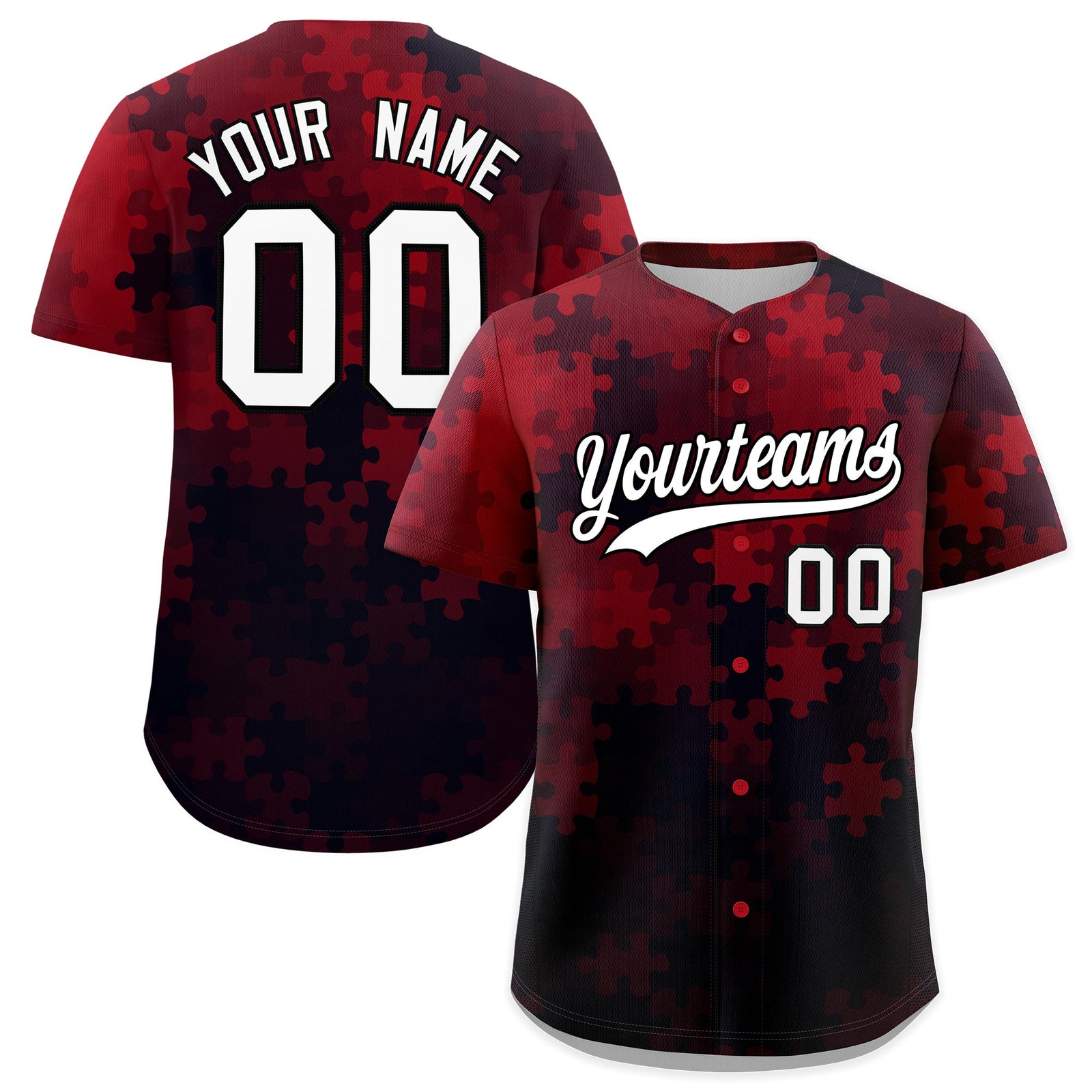Custom Red White Black Puzzle Elements Baseball Jersey | Sublimation Printed & Stitched,Add Name and Numbern,Perfect for Teams | KXKSHOP
