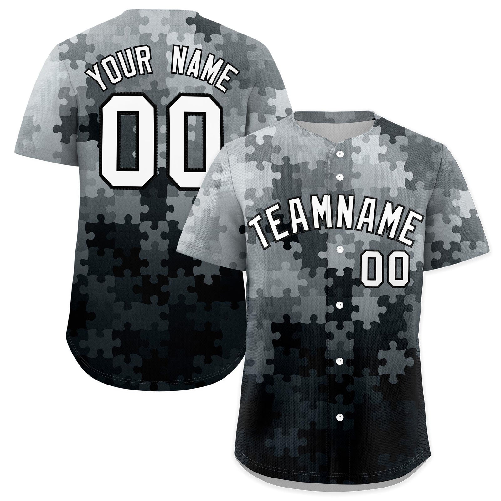 Custom Black White Puzzle Elements Baseball Jersey | Sublimation Printed & Stitched,Add Name and Numbern,Perfect for Teams | KXKSHOP