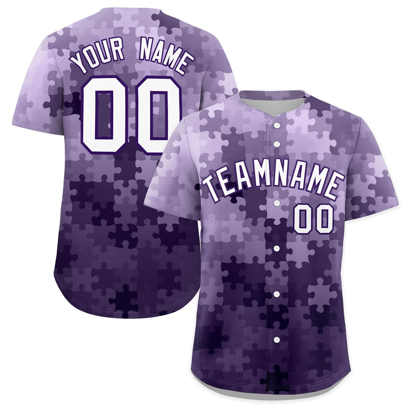 Custom White Purple Puzzle Elements Baseball Jersey | Sublimation Printed & Stitched,Add Name and Numbern,Perfect for Teams | KXKSHOP