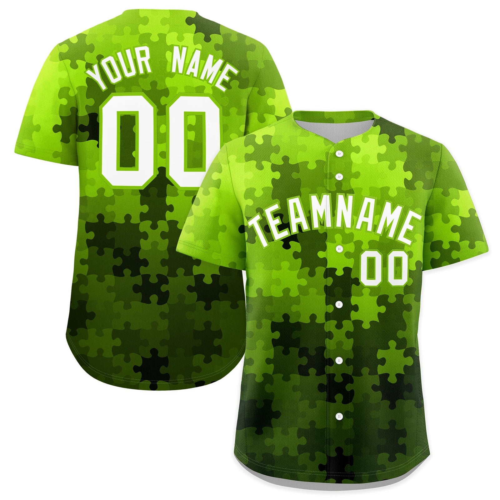 Custom White Neon Green Puzzle Elements Baseball Jersey | Sublimation Printed & Stitched,Add Name and Numbern,Perfect for Teams | KXKSHOP