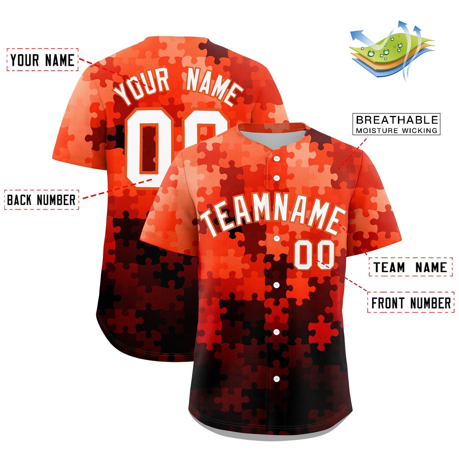 Custom White Orange Puzzle Elements Baseball Jersey | Sublimation Printed & Stitched,Add Name and Numbern,Perfect for Teams | KXKSHOP