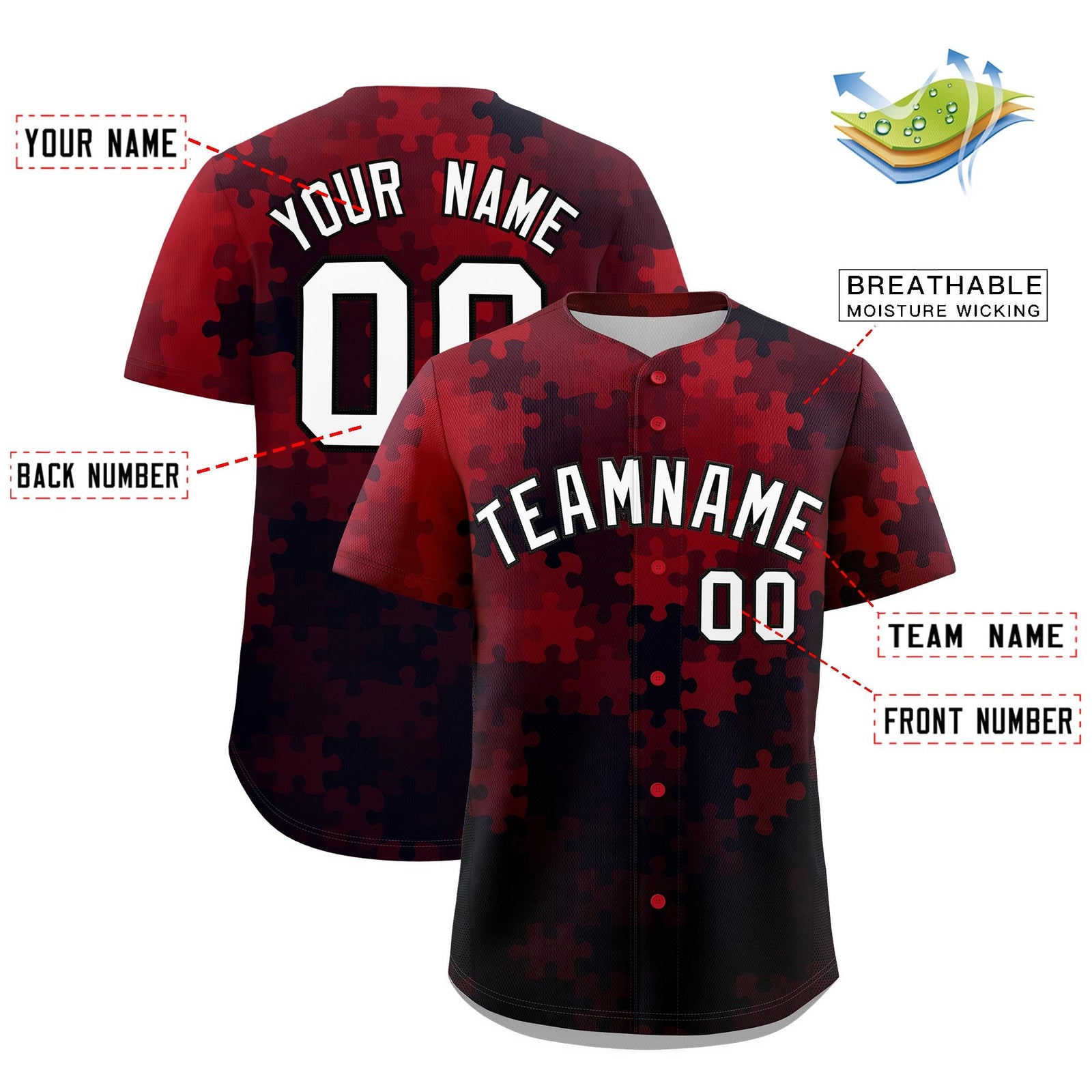Custom Red White Black Puzzle Elements Baseball Jersey | Sublimation Printed & Stitched,Add Name and Numbern,Perfect for Teams | KXKSHOP