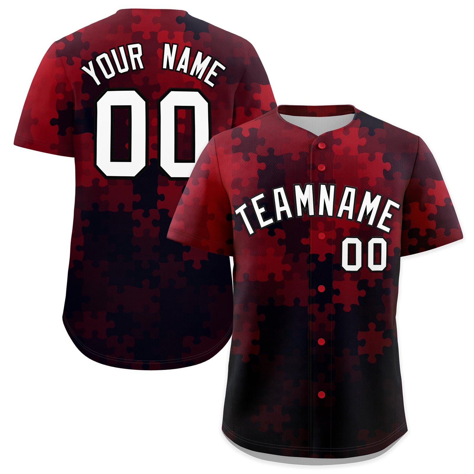 Custom Red White Black Puzzle Elements Baseball Jersey | Sublimation Printed & Stitched,Add Name and Numbern,Perfect for Teams | KXKSHOP