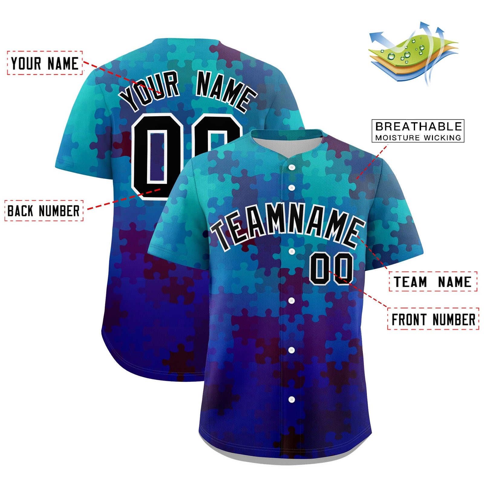 Custom Blue Black White Puzzle Elements Baseball Jersey | Sublimation Printed & Stitched,Add Name and Numbern,Perfect for Teams | KXKSHOP