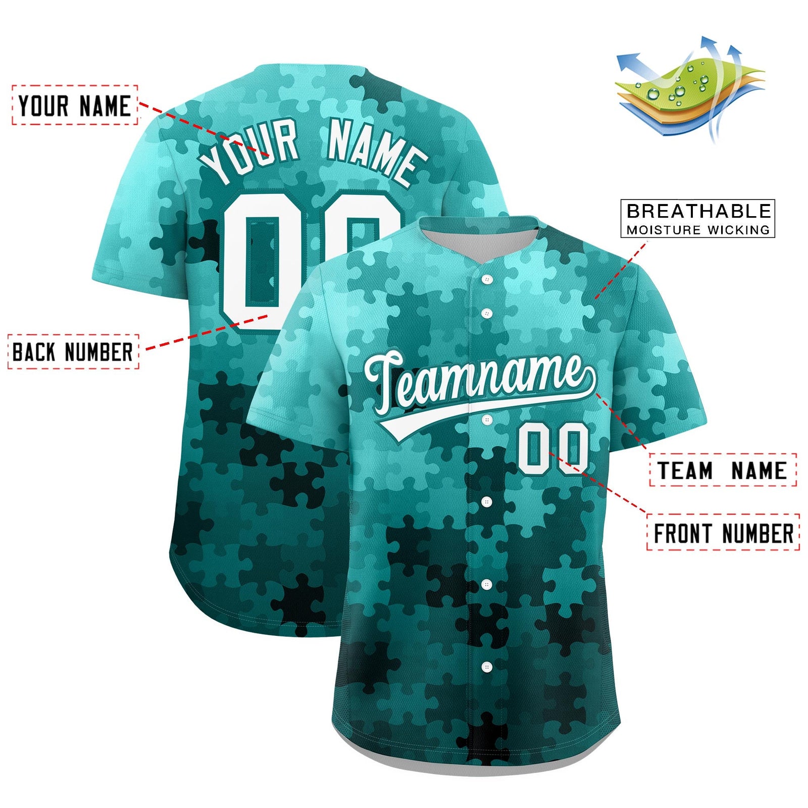 Custom White Aqua Puzzle Elements Baseball Jersey | Sublimation Printed & Stitched,Add Name and Numbern,Perfect for Teams | KXKSHOP