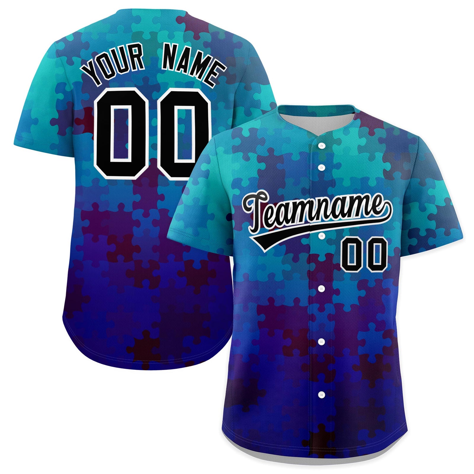 Custom Blue Black White Puzzle Elements Baseball Jersey | Sublimation Printed & Stitched,Add Name and Numbern,Perfect for Teams | KXKSHOP
