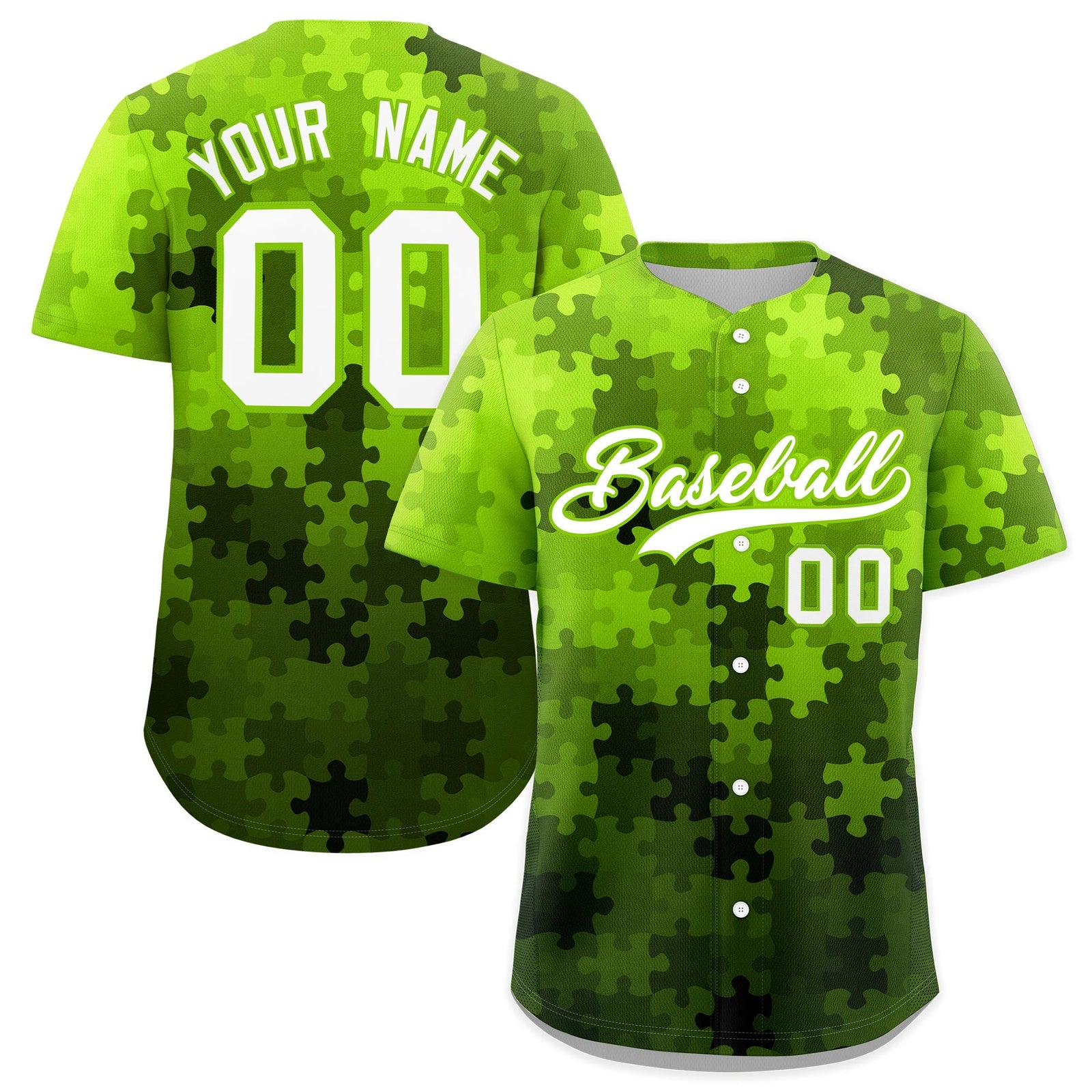 Custom White Neon Green Puzzle Elements Baseball Jersey | Sublimation Printed & Stitched,Add Name and Numbern,Perfect for Teams | KXKSHOP