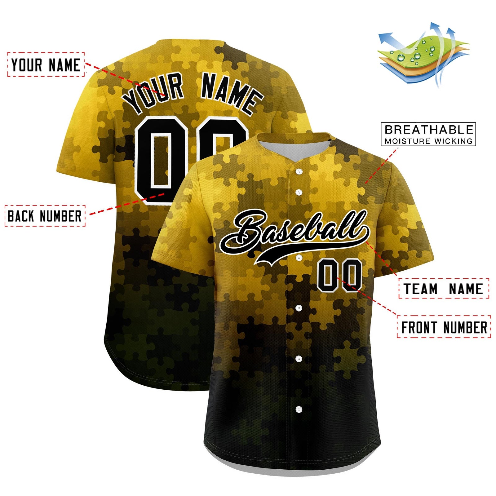 Custom Gold Black White Puzzle Elements Baseball Jersey | Sublimation Printed & Stitched,Add Name and Numbern,Perfect for Teams | KXKSHOP