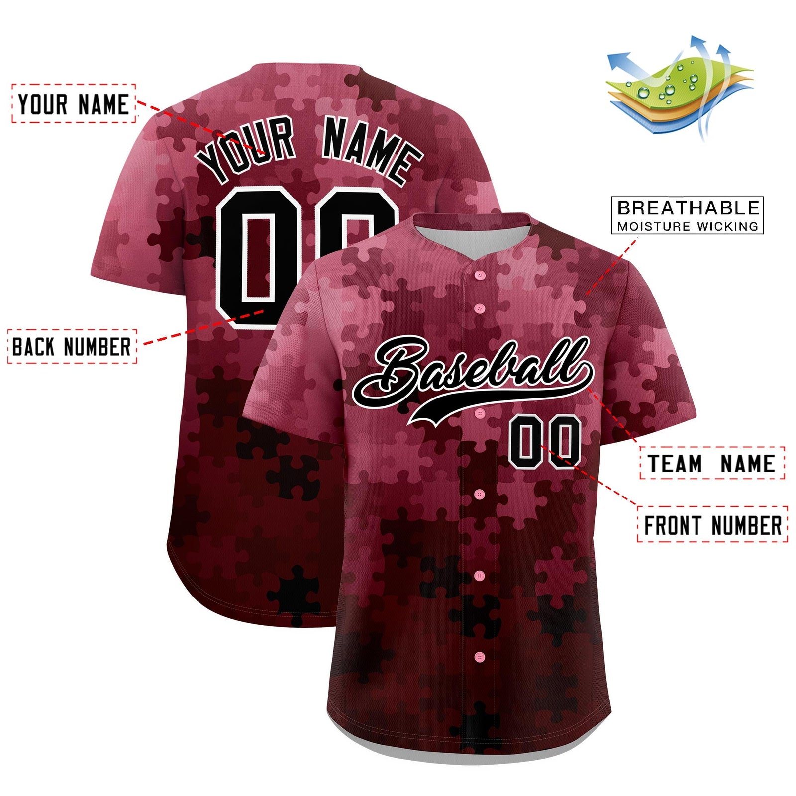 Custom White Black Puzzle Elements Baseball Jersey | Sublimation Printed & Stitched,Add Name and Numbern,Perfect for Teams | KXKSHOP