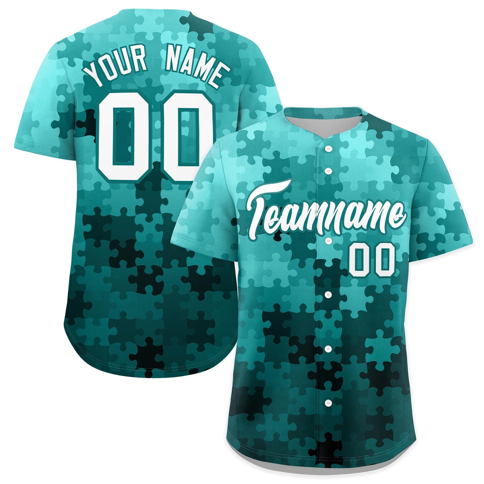 Custom White Aqua Puzzle Elements Baseball Jersey | Sublimation Printed & Stitched,Add Name and Numbern,Perfect for Teams | KXKSHOP