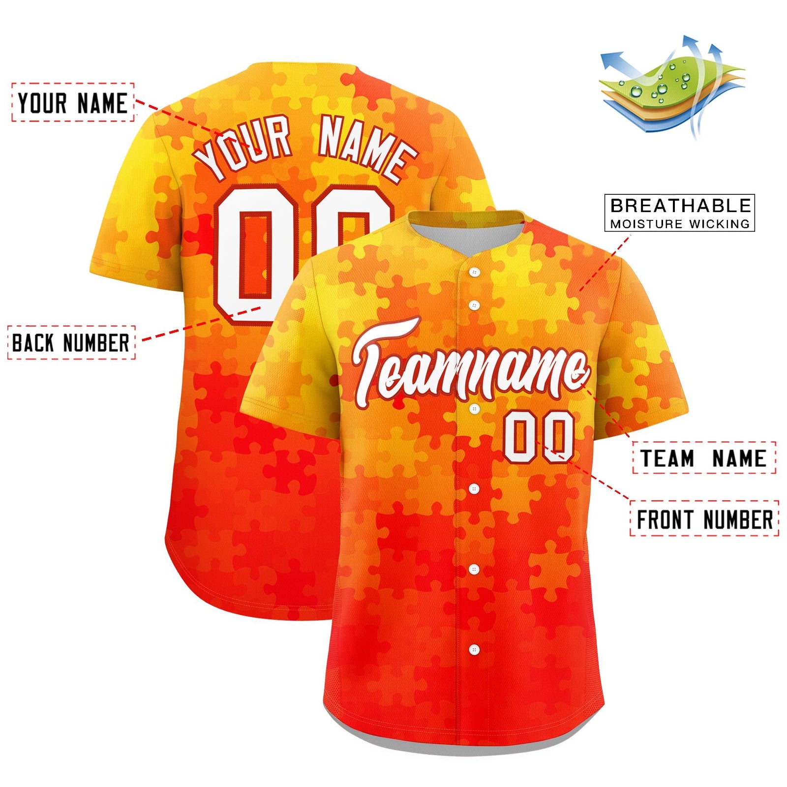 Custom White Red Puzzle Elements Baseball Jersey | Sublimation Printed & Stitched,Add Name and Numbern,Perfect for Teams | KXKSHOP